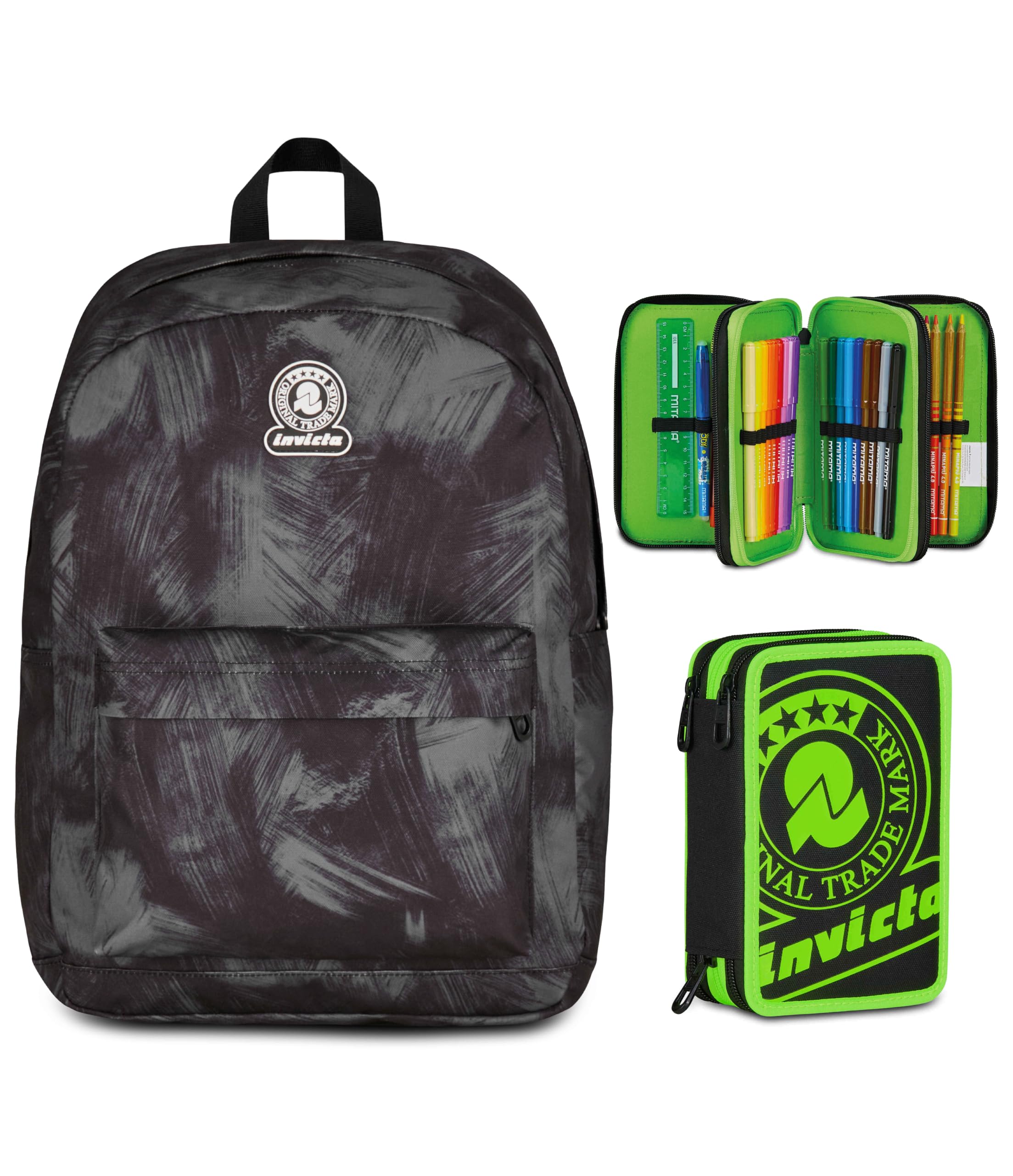 Invicta Zaino Ollie, Doppio Scomparto, Brushed Black, Bambini e Ragazzi, nero/verde + Astuccio 3 Zip, Completo di Matite e colori, Elementari, Medie, Superiori, Black/Green