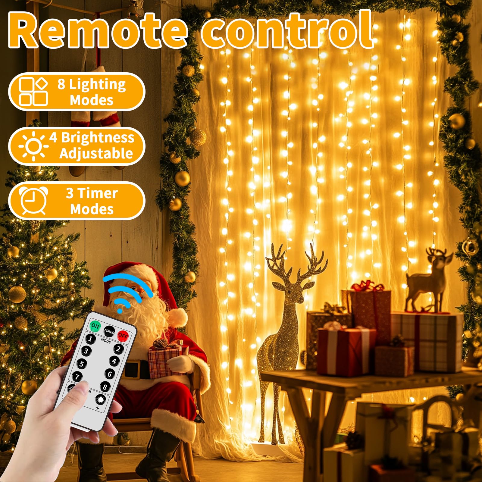 Rideau lumineux à piles - 6 x 3 m - 600 LED - Étanche - Avec télécommande - 8 modes - Cascade - Guirlande lumineuse pour patio, gazebo, fête, Saint-Valentin
