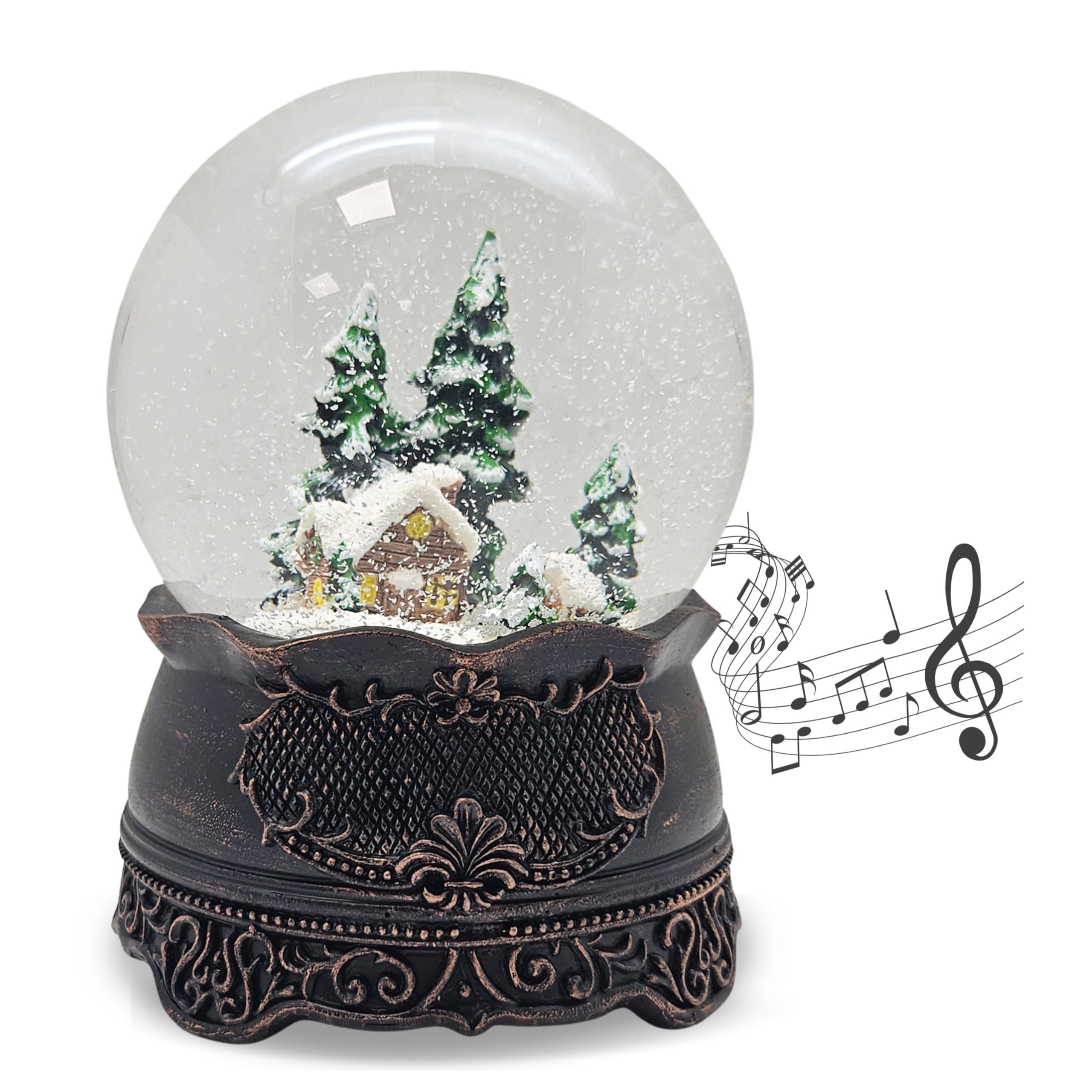 20324 Boule à neige Cabane de montagne Cabane d'hiver avec socle en cuivre antique Boîte à musique Diamètre 100 mm