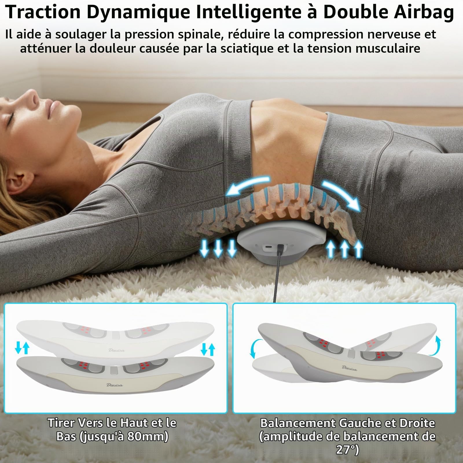 Diesisa Masseur Dos électrique: Traction dynamique Masseur Lombaire | Oscillation gauche-droite - Vibration et chaleur - EMS Massage - Massage Dos rechargeable - Pour usage domestique