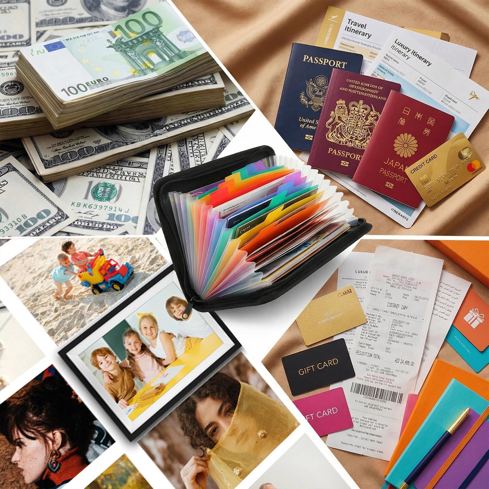 A6 Cartellina Portadocumenti con Chiusura Lampo, 13 Tasche Cartella E Impermeabile, per Documenti, Denaro, Passaporto, File Bancari E Contanti Banconote Assegni Fatture Coupon
