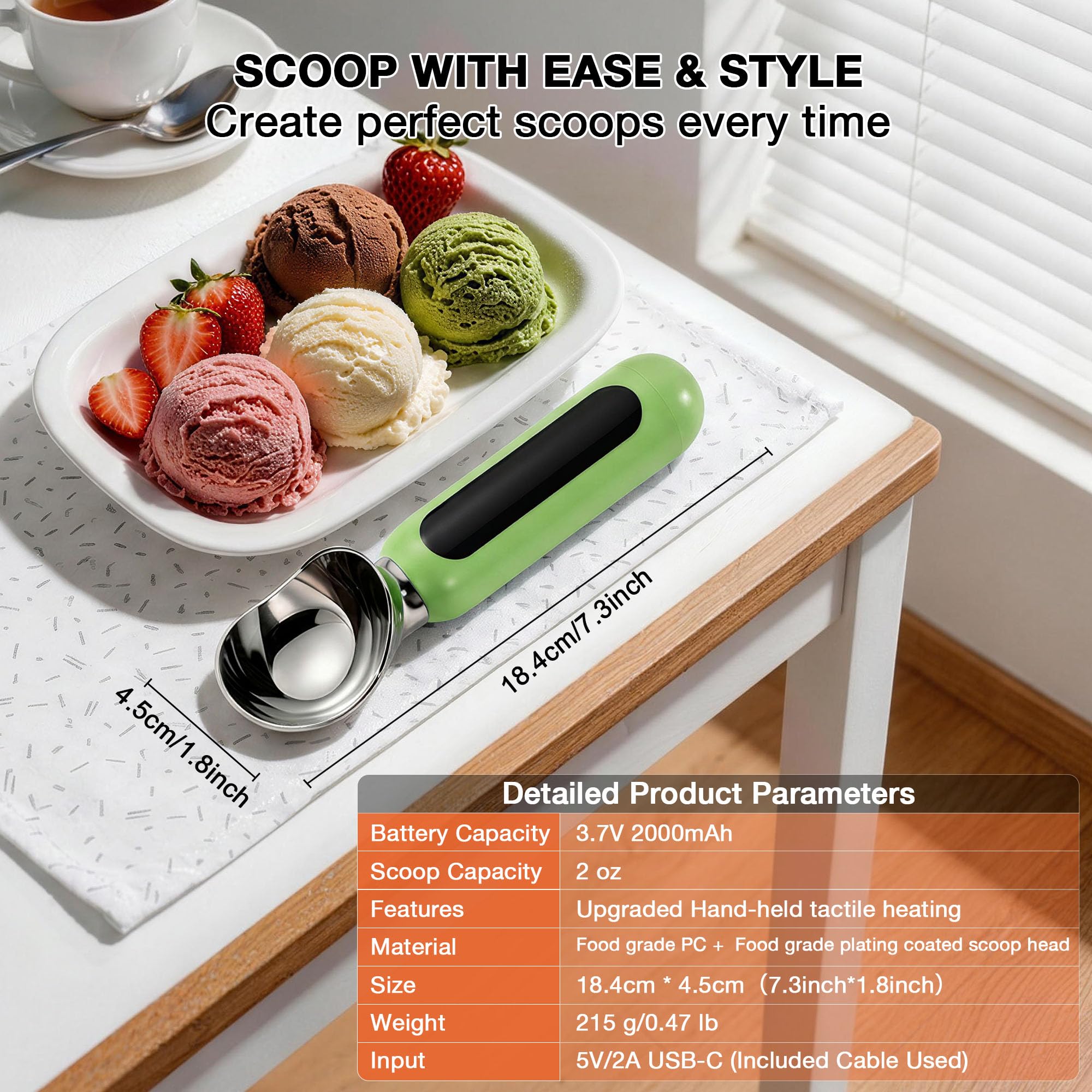 Paletta per gelato riscaldata, ricaricabile, elettrica, con display a LED, interruttore on/off, impermeabile IP67, riscalda fino a 70 °C, per gelato duro (verde)
