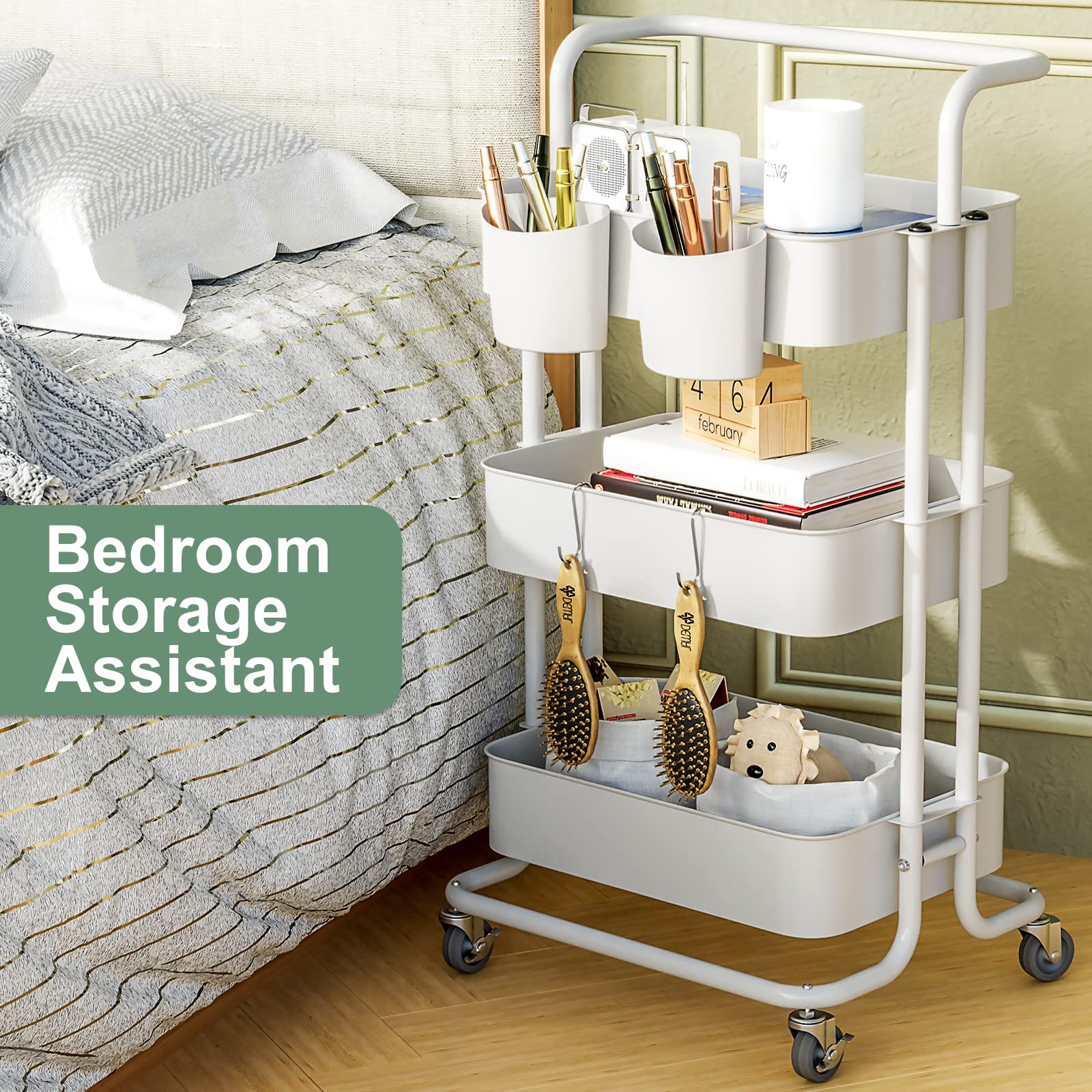 Buy Charcy 3 Tier Metal Rolling Utility Cart, Metal White Cart with