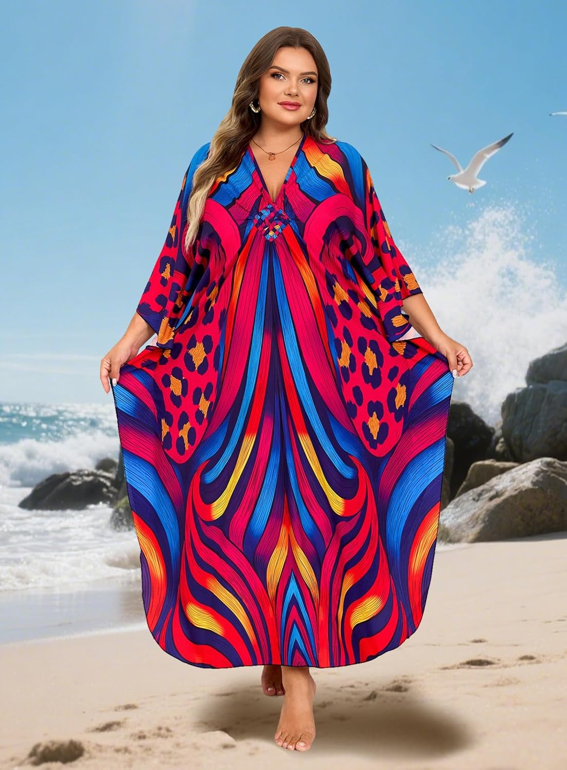 Kaftan Dresses Plus Size V-Neck Women's Swimwear Cover Ups Tie Dye Batwing Sleeves Mumu Caftan Dress - Image 6