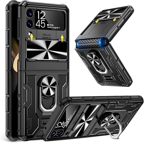 Caka Funda para Galaxy Z Flip 4, Z Flip 4 con funda para cámara, protección de bisagra y soporte con soporte de anillo giratorio de 360 integrado,