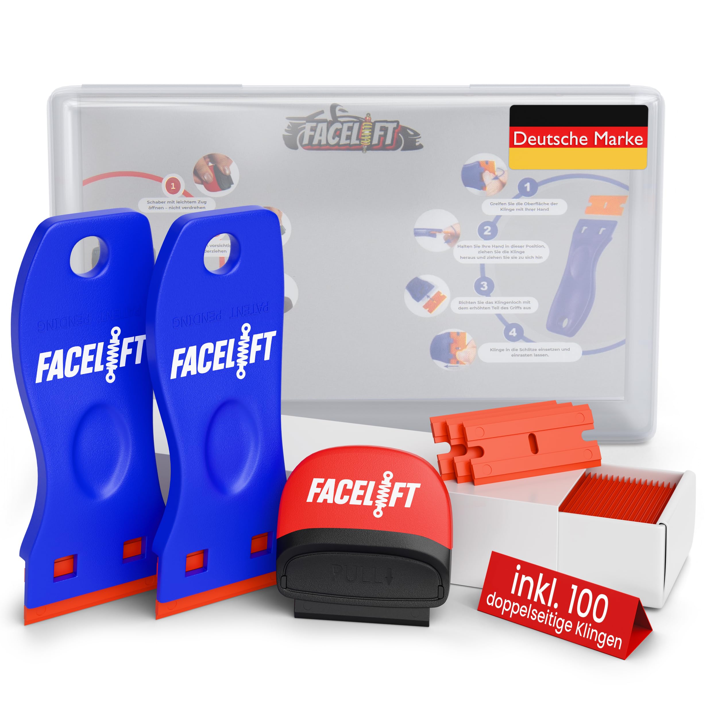 FACELIFT® Premium Schaber Set – Kunststoffschaber mit 100 Klingen – kratzfrei Aufkleber- & Klebereste-Entferner – robust, handlich & vielseitig