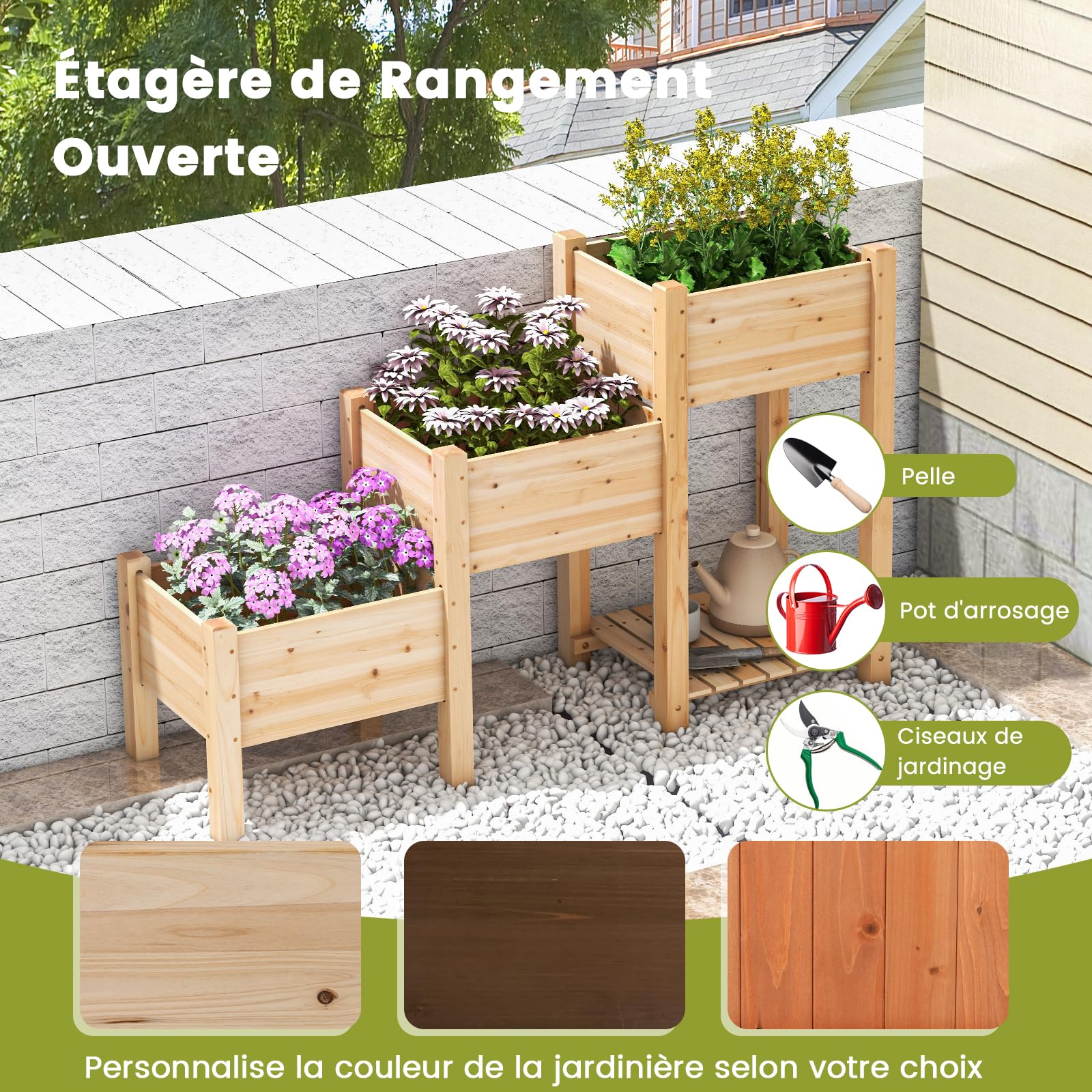 RELAX4LIFE Carré Potager Surélevé à 3 Étages en Bois | Jardinière Extérieure avec 3 Bacs à Plantes, Trous de Drainage et Étagère de Rangement Ouverte pour Fruits et Légumes