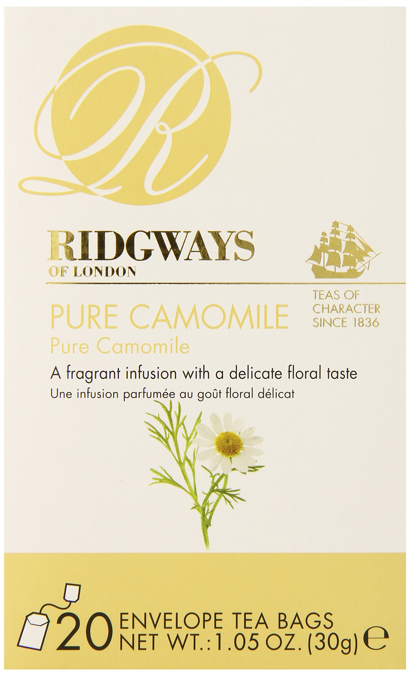 Ridgeways Tea, Pure Chamomile Tea, Envelope tea bags, 20 Count (pack of 6)