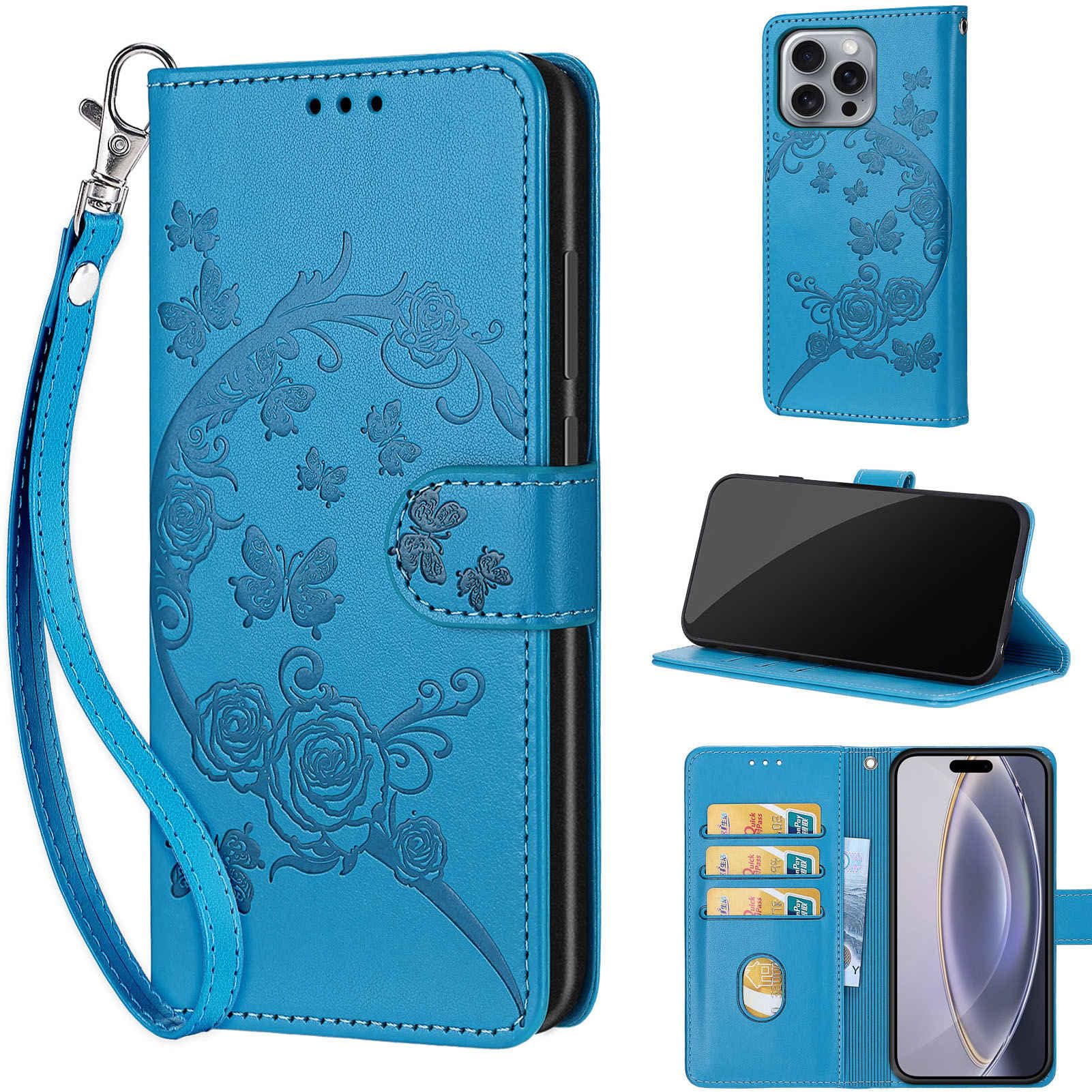 KENHONER Designed for iPhone 16 Pro Max Case Wallet,Women Flip Folio Cover with Embossed PU Leather Stand Credit Card Holders Slots Wrist Strap Phone