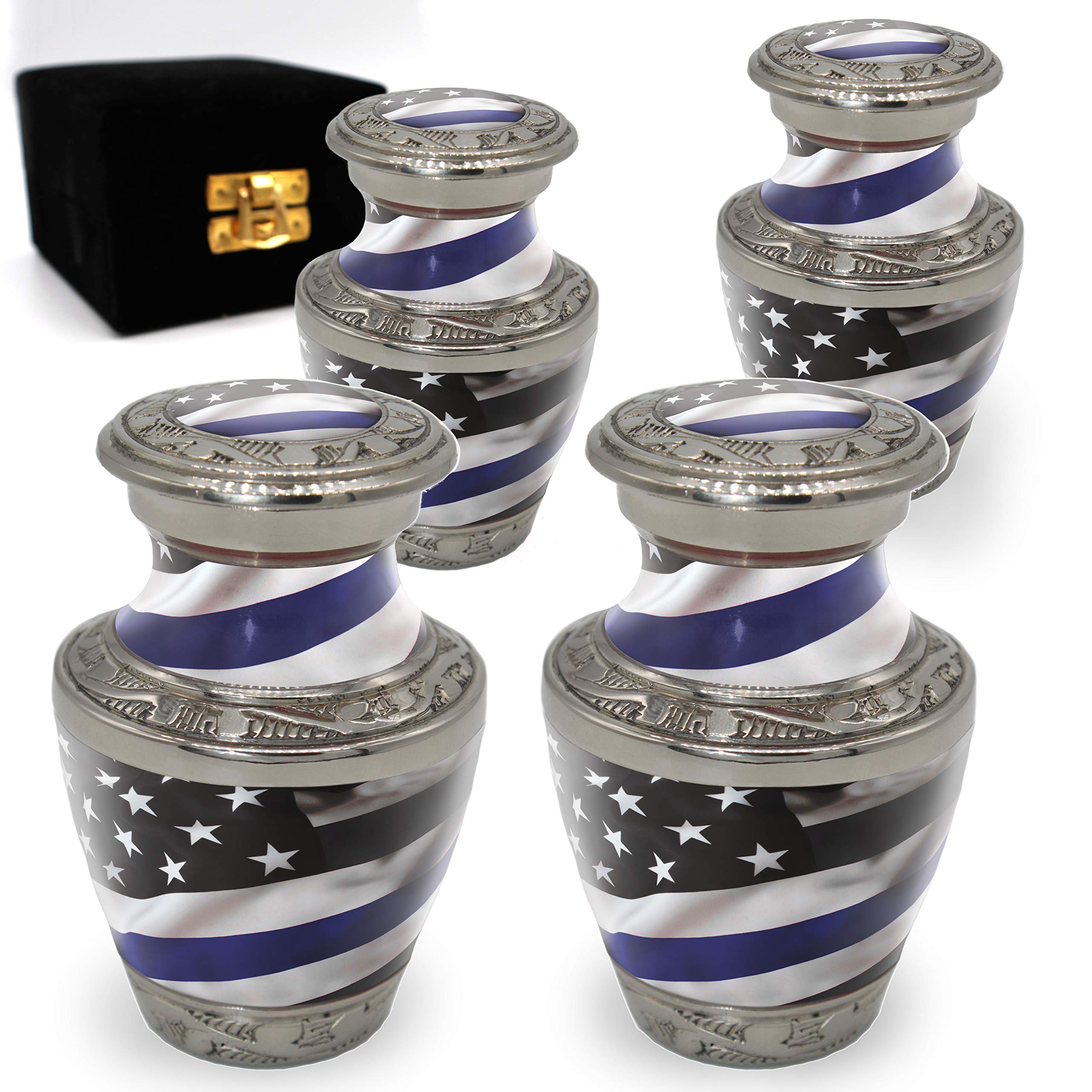 Blue Line Flag Cremation Urn for Ashes - Personalized Handcrafted Set of 4 Small Urns for Adult Male Ashes
