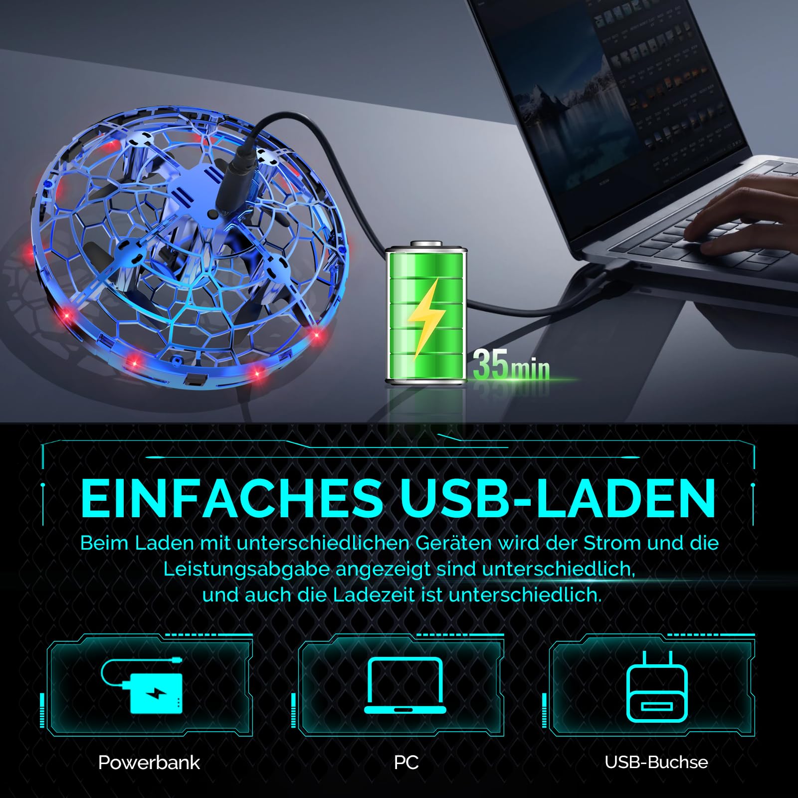 semai Mini UFO Drone Latająca piłka zabawka 360° Obrotowa latająca kula z oświetleniem LED, do użytku w pomieszczeniach i na zewnątrz Prezenty dla dzieci Chłopcy Dziewczęta 6 7 8 9 10+ lat, Niebieski
