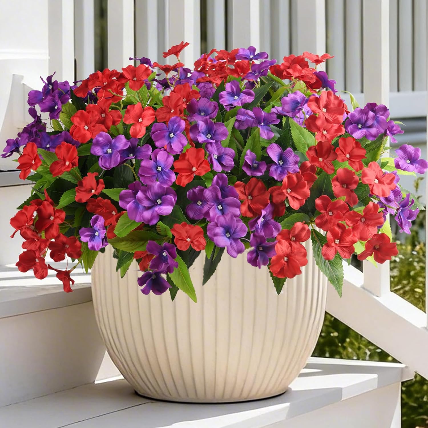 Artificial Impatiens Flowers for Outdoors, 6 Bundles Multicolor Silk Fake Flowers for Spring Summer Decoration, UV Resistant Faux Plants Plastic Bouquet for Home Planter Porch Patio Yard Decor