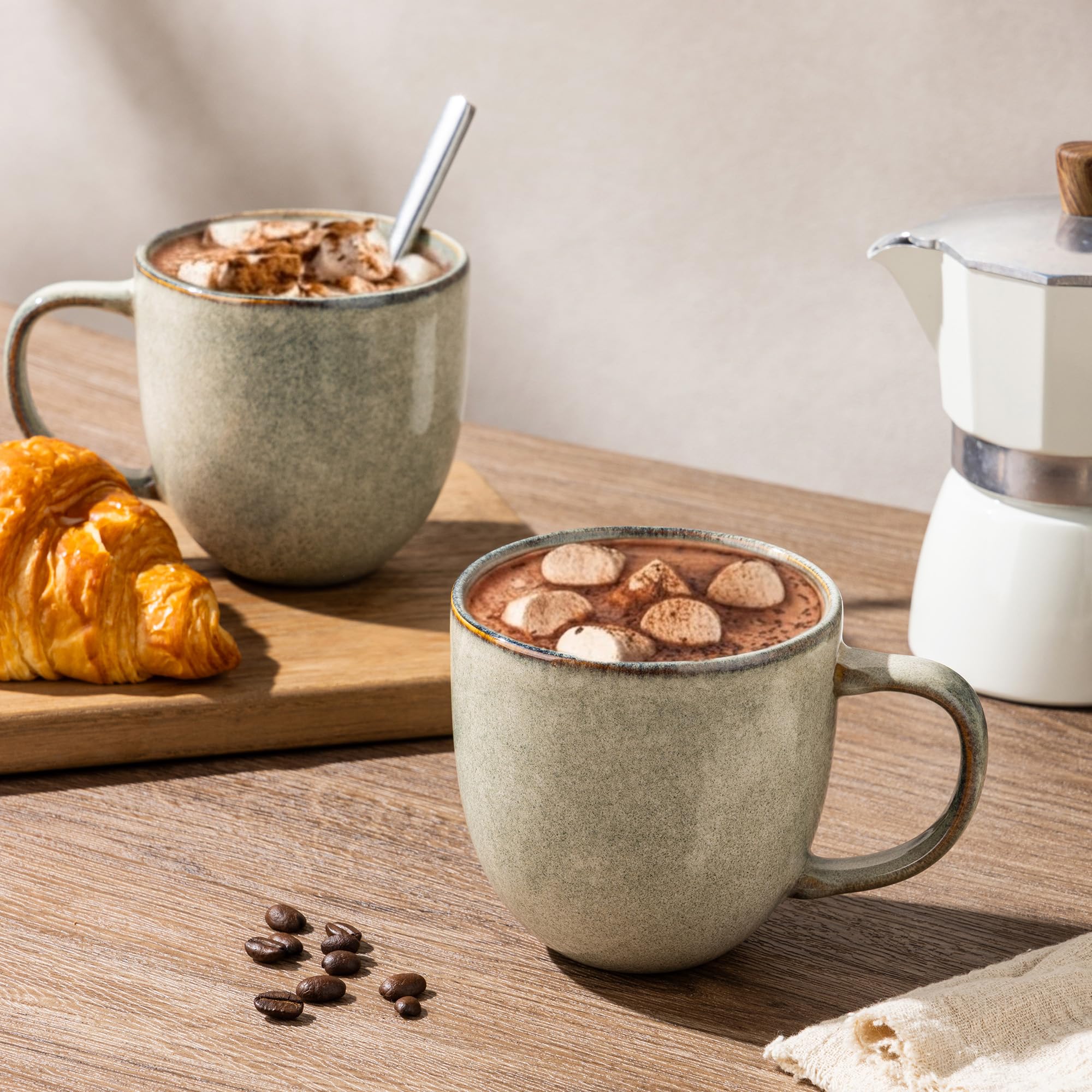 GBhome Zestaw 6 kubków do kawy z kamionki o pojemności 350 ml, z dużym uchwytem, do latte, cappuccino, mleka, kakao, nadaje się do mycia w zmywarce