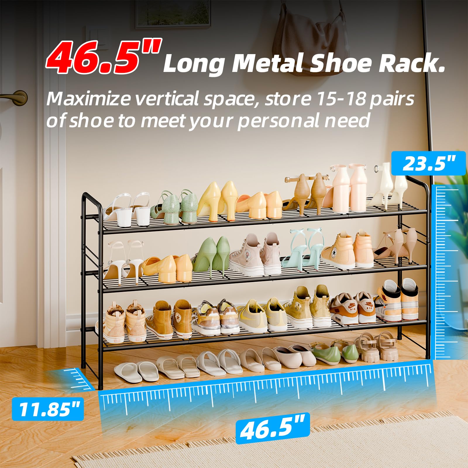 Zapatero de 3 niveles para armario, organizador de almacenamiento de zapatos extra largo de 46.5 pulgadas para estantes, metal resistente, fácil montaje, negro 7