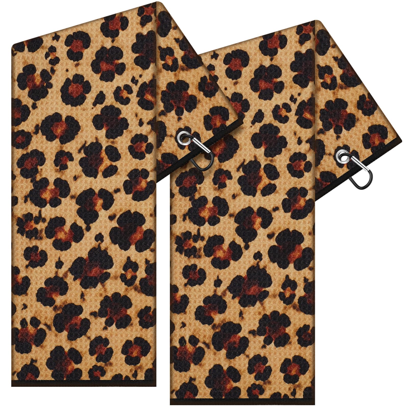 Mindsoft 2 Pieces Funny Golf Towel Microfiber Embroidered Ball Towels for Women Ball Bags with Clips Accessories Waffle Pattern for Golf Fan Mother Birthday Gifts (Brown,Leopard Print)
