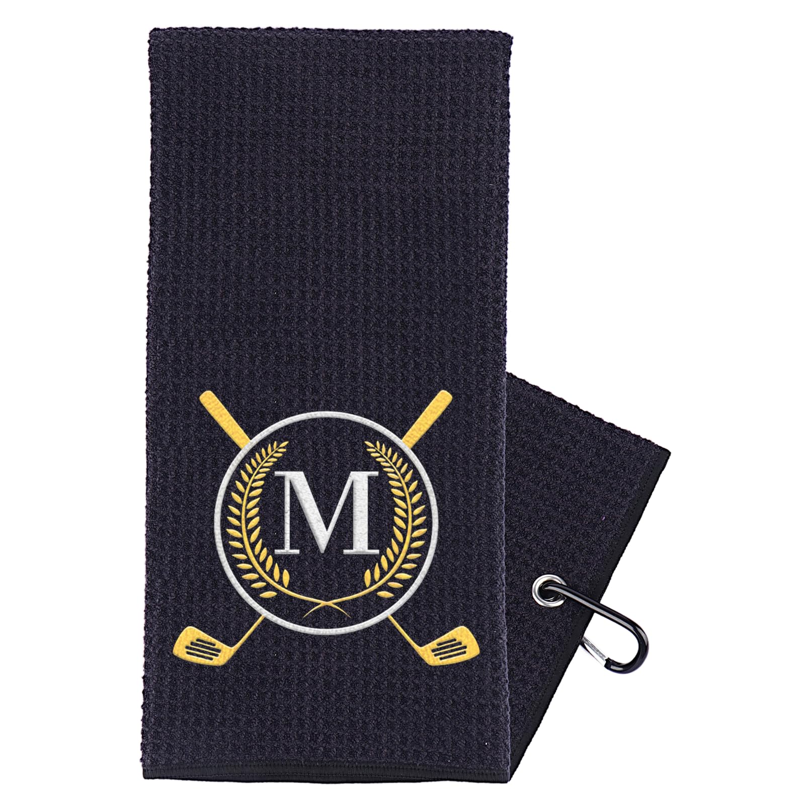 CGFN Golf Towel Gift, Golf Gifts for Men, Women Microfiber Waffle Golf Towels with Embroidered Monogrammed |16”x 24”Golf Towels for Golf Bags with Clip for Men (Black, Initial-M)