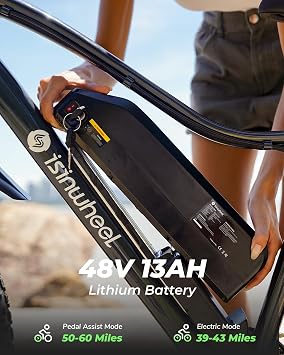 isinwheel M10 Plus Electric Mountain Bike for Adults, 26 x 4.0 Fat Tire Ebike with 48V 13Ah Removable Battery, 1000W Peak Motor Electric Bicycle, 70 Miles Range & 20 MPH +, 7-Speed for Snow