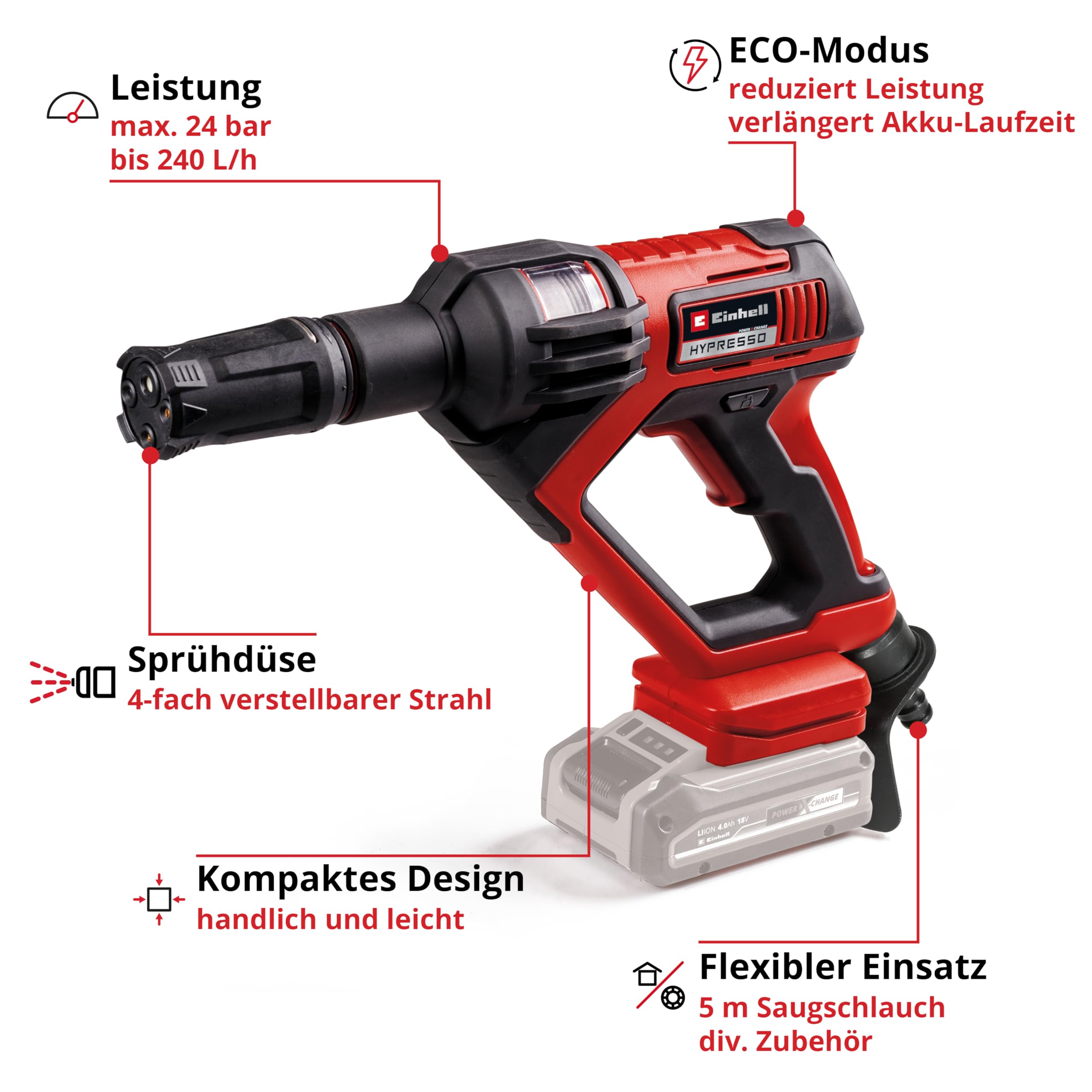 Einhell HYPRESSO 18/24-1 Akku-Druckreinigerpistole 18 V 24 bar 240 L/h Power X-Change