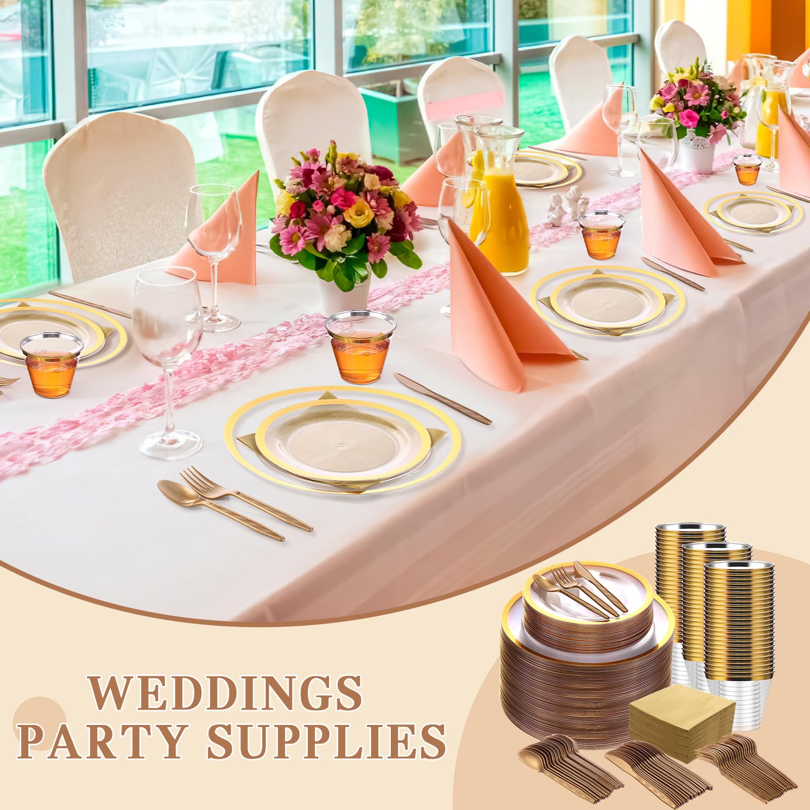 Norme 600 Pcs Disposable Plastic Dinnerware Set, 100 Clear Plastic Plates, 100 Cups, 100 Knives, 100 Forks, 100 Spoons, 100 Napkins, Party Plates Set for Valentine's Day Birthday Wedding(Gold)