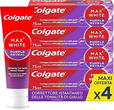 Colgate Dentifricio Sbiancante Max White Purple Reveal 4 Confezioni da 75 ml I Per Denti Bianchi I Sicuro Per Lo Smalto I Contiene Fluoro I Sbiancamento denti I Bianco naturale