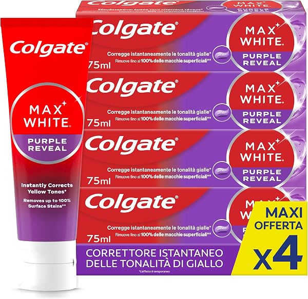 Colgate Dentifricio Sbiancante Max White Purple Reveal 4 Confezioni da 75 ml I Per Denti Bianchi I Sicuro Per Lo Smalto I Contiene Fluoro I Sbiancamento denti I Bianco naturale - 1