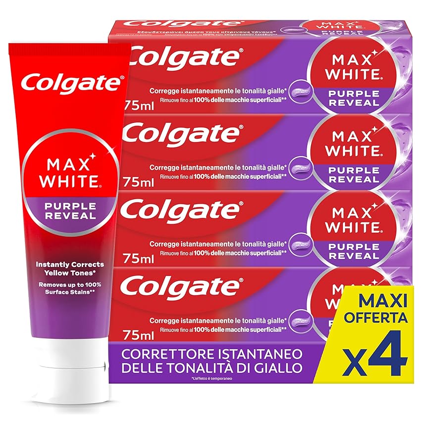Colgate Dentifricio Sbiancante Max White Purple Reveal 4 Confezioni da 75 ml I Per Denti Bianchi I Sicuro Per Lo Smalto I Contiene Fluoro I Sbiancamento denti I Bianco naturale