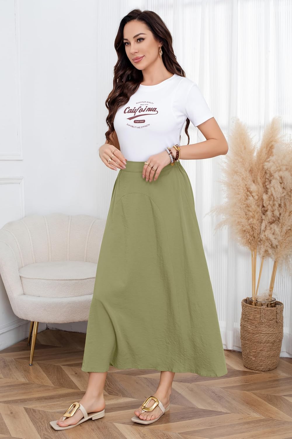 CHARTOU Women Casual Cotton Linen A Line Skirt High Waist Long Flowy Skirt Flare Swing Ruffle Skirt - Image 6