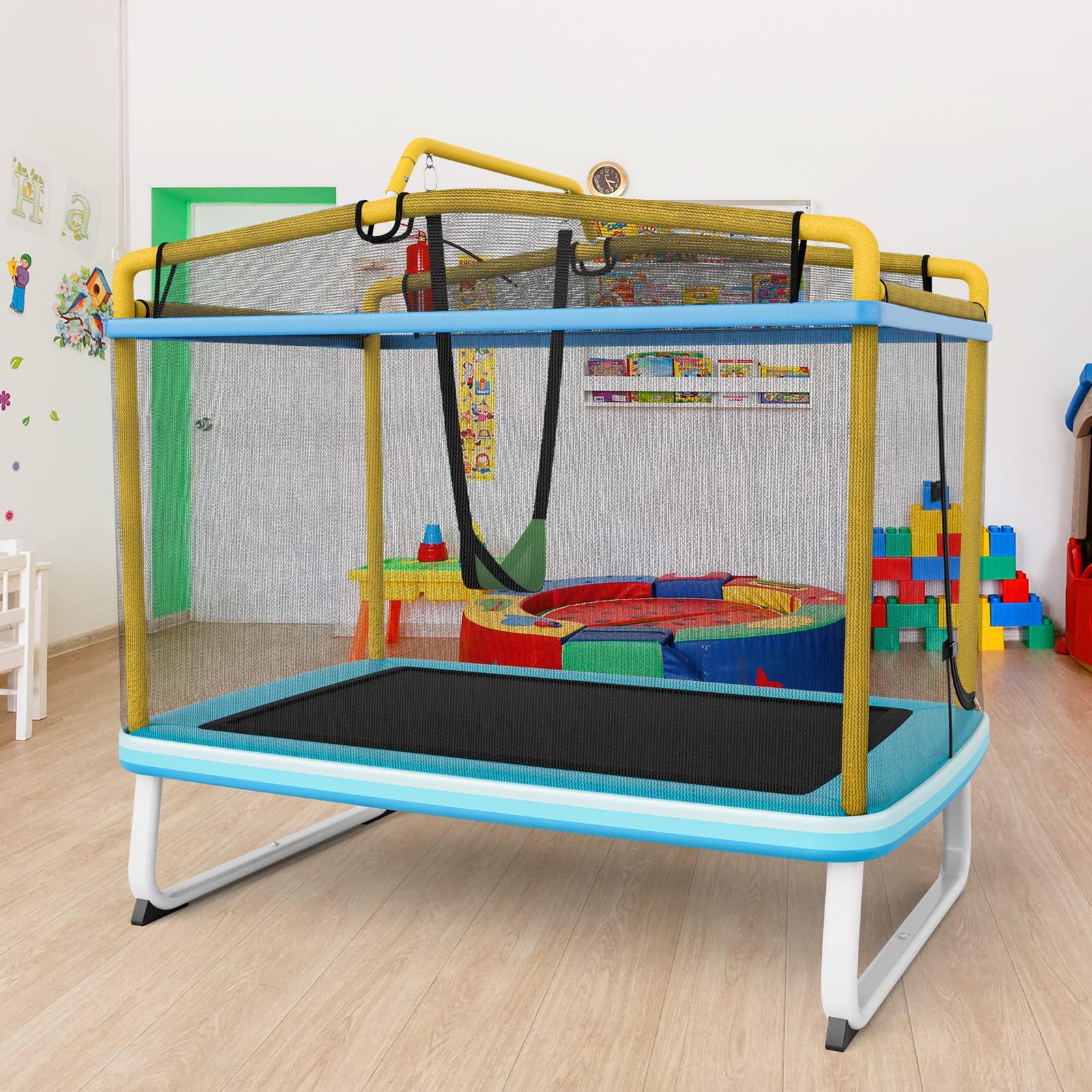 KOMFOTTEU Trampolino per Bambini 3-8 Anni, Tappeto Elastico Bambini 3 in 1 con Altalena Rimovibile e Barra Orizzontale, Saltarello da Esterno e Interno, Portato 110 kg, 190 x 124 x 172 cm