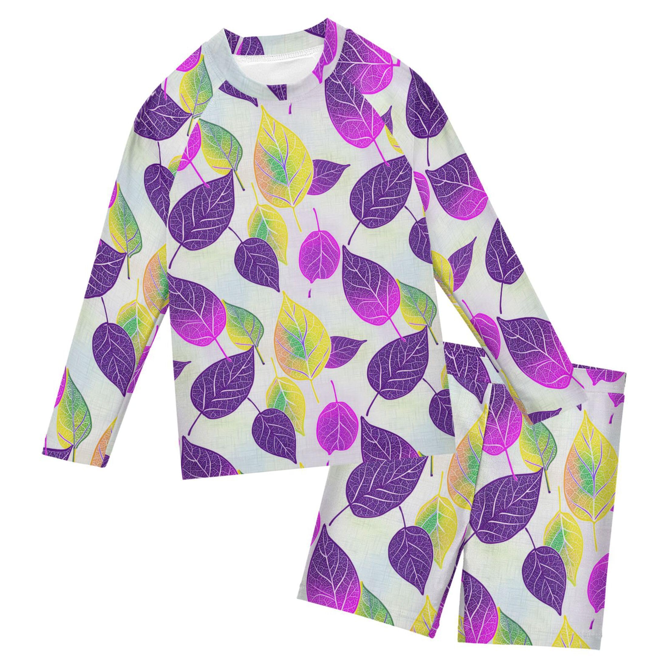 Purple Leaves Boys Rash Guard Swimsuits Set for Boys Long Sleeve Swim Shirts Bathing Suits with Trunks B0404758