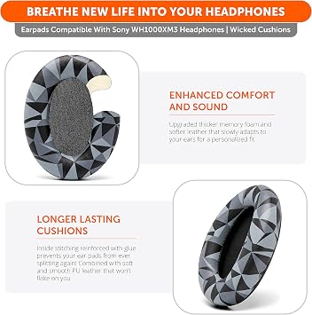 WC Wicked Cushions Extra Thick Replacement Earpads Compatible with Sony WH-1000XM3 Headphones - Geo Grey