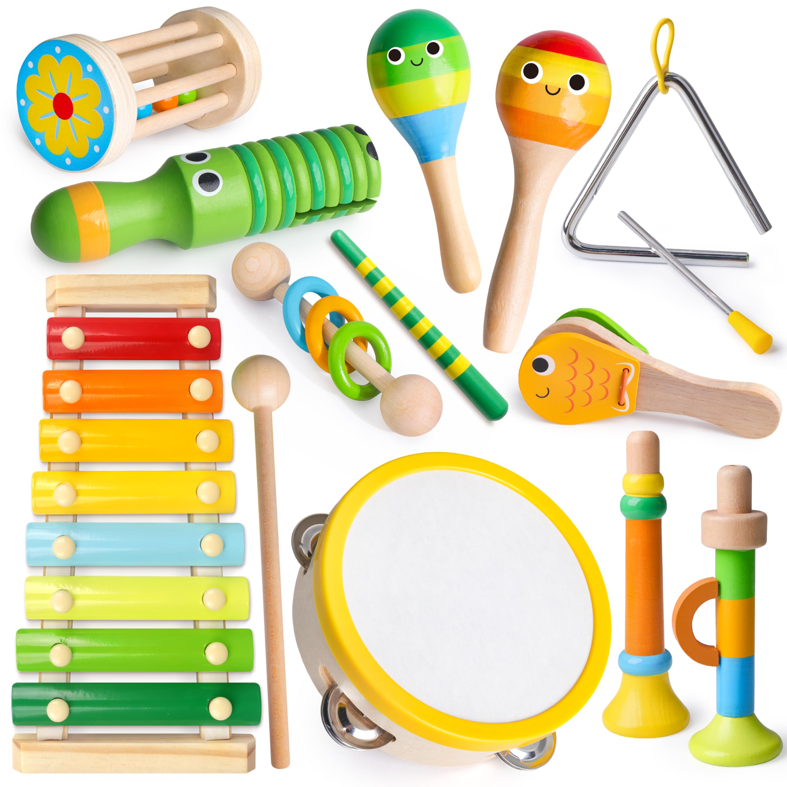 Coogam Wooden Musical Instruments for Toddlers Tambourine Xylophone Castanet Flute Maracas Playset Wood Percussion Rhythm Music Toy Montessori