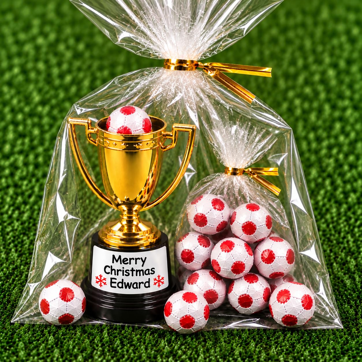 Personalised Christmas Football Trophy Cup with Chocolate Footballs – Custom Name & Ball Colour – Merry Christmas Gift – Stocking Filler - Secret Santa Football Gift (Red & White)