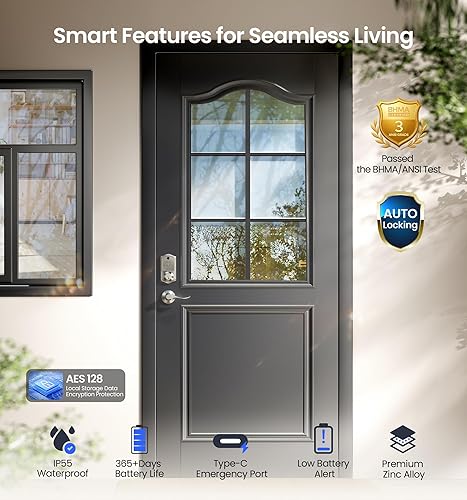 Miniatura 5 de Veise VE017-L - Cerradura inteligente de huellas dactilares con 2 manijas de palanca, juego de cerradura de puerta delantera sin llave, control de