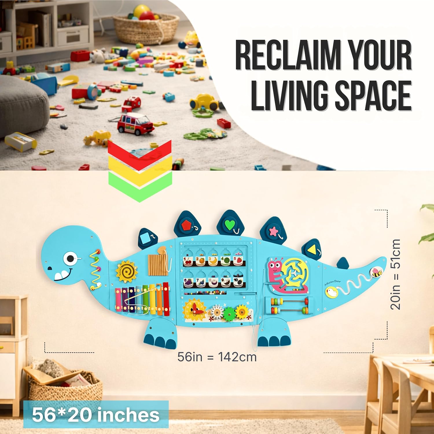 Dinosaur Wall Busy Board with 12 Activities - Wall Toys for Toddlers 2,3,4,5 - Sensory Panel Wooden - Montessori Busy Board Learning Activity Center for Playroom and Classroom