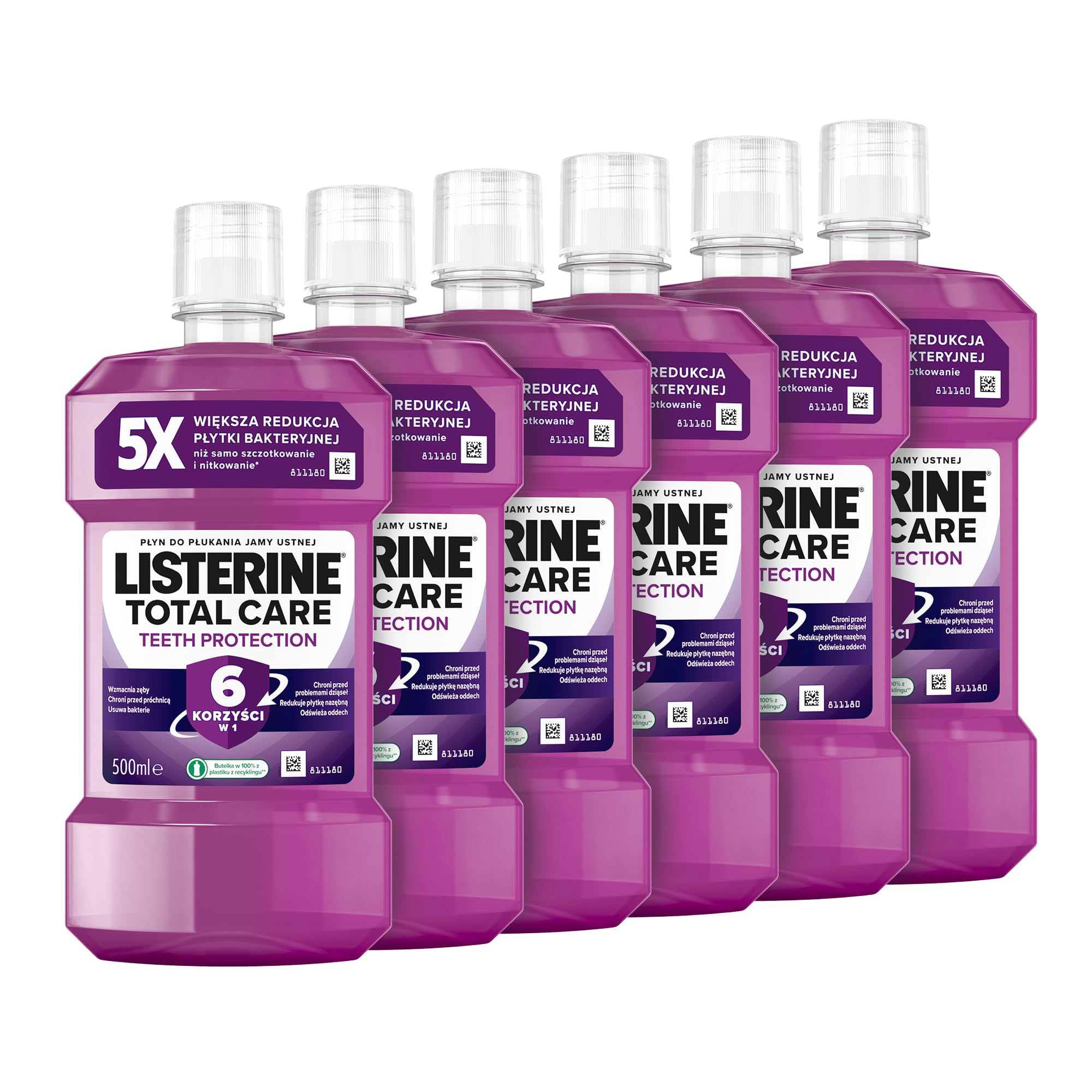 LISTERINE Total Care (6 x 500 ml), Płyn do płukania jamy ustnej, czyści i chroni zęby. Usuwa aż do 97% szkodliwych bakteri, odświeża oddech aż do 24 godzin, Utrzymuje zdrowe dziąsła,