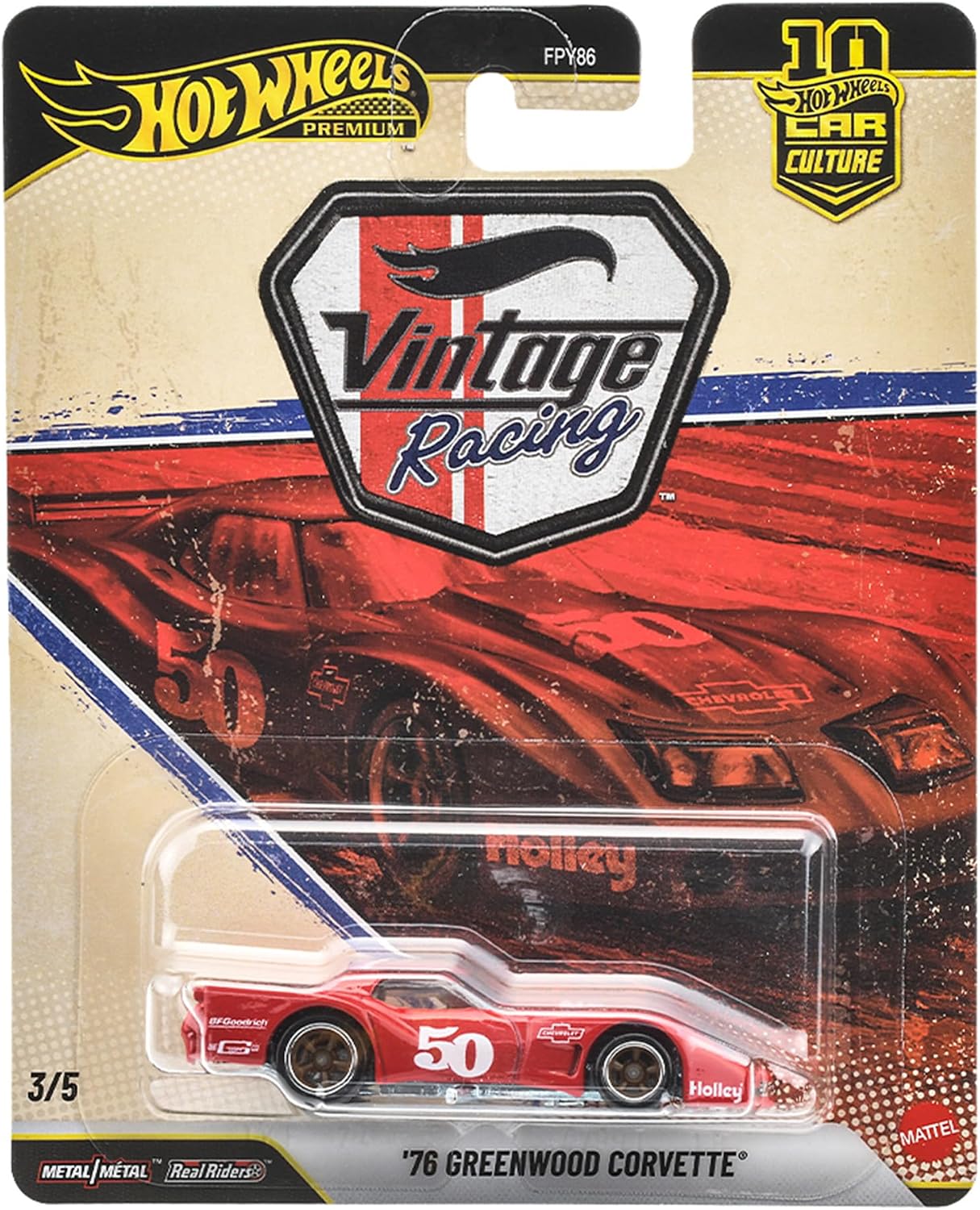 Hot Wheels Car Culture Vintage Racing '76 Мини-автомобиль Greenwood Corvette на возраст от 3 лет JKF24 | Шины Real Riders, технические характеристики Металл/Метал, масштаб 1:64, серия винтажных гонок и знаменитый автомобиль, использовавшийся в Ле-Мане в 1976 году, фото 4