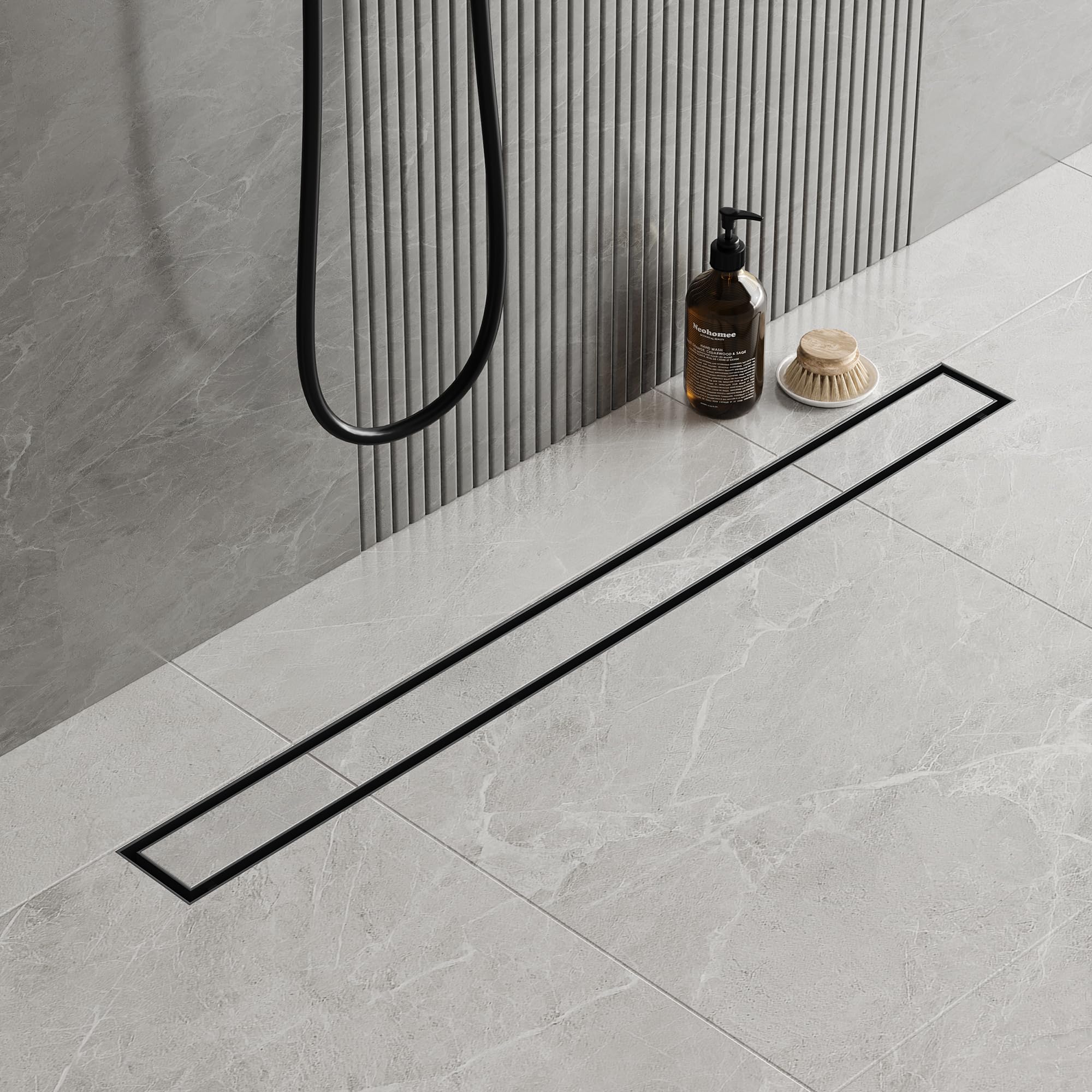 Neodrain Canaleta de ducha de acero inoxidable de 80 cm, desagüe de suelo 2 en 1, plano, color negro, con sifón de 360°, antiolores, filtro para el pelo