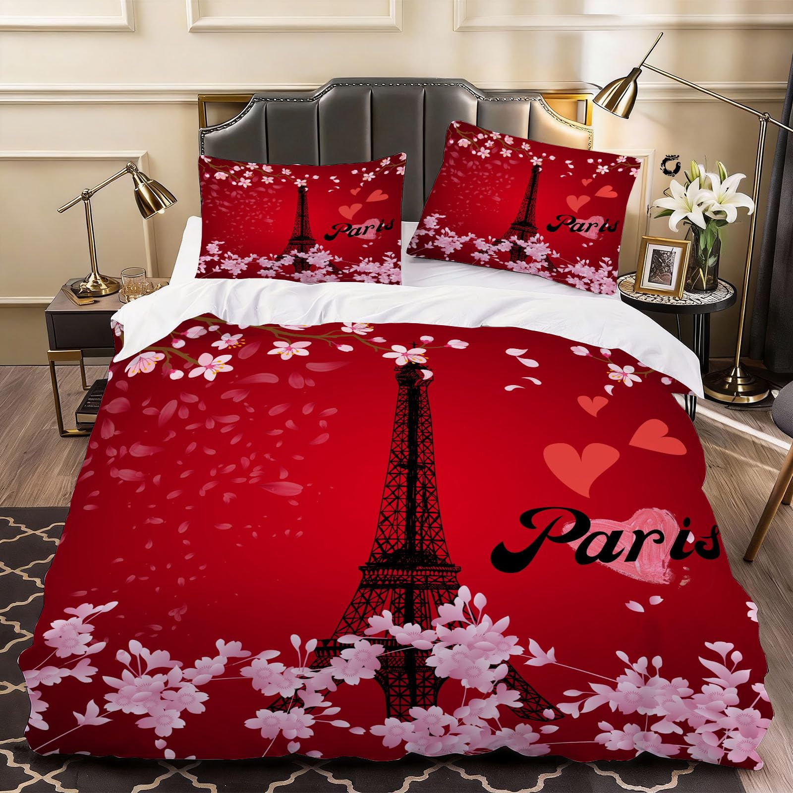 3D Girl Eiffel Tower Duvet Cover Blossom Flowers Bedding Super King Bed Set, Soft Microfiber Comforter Cover Printed with Zipper Closure Quilt Coverr 260x220 cm and 2 Pillowcases