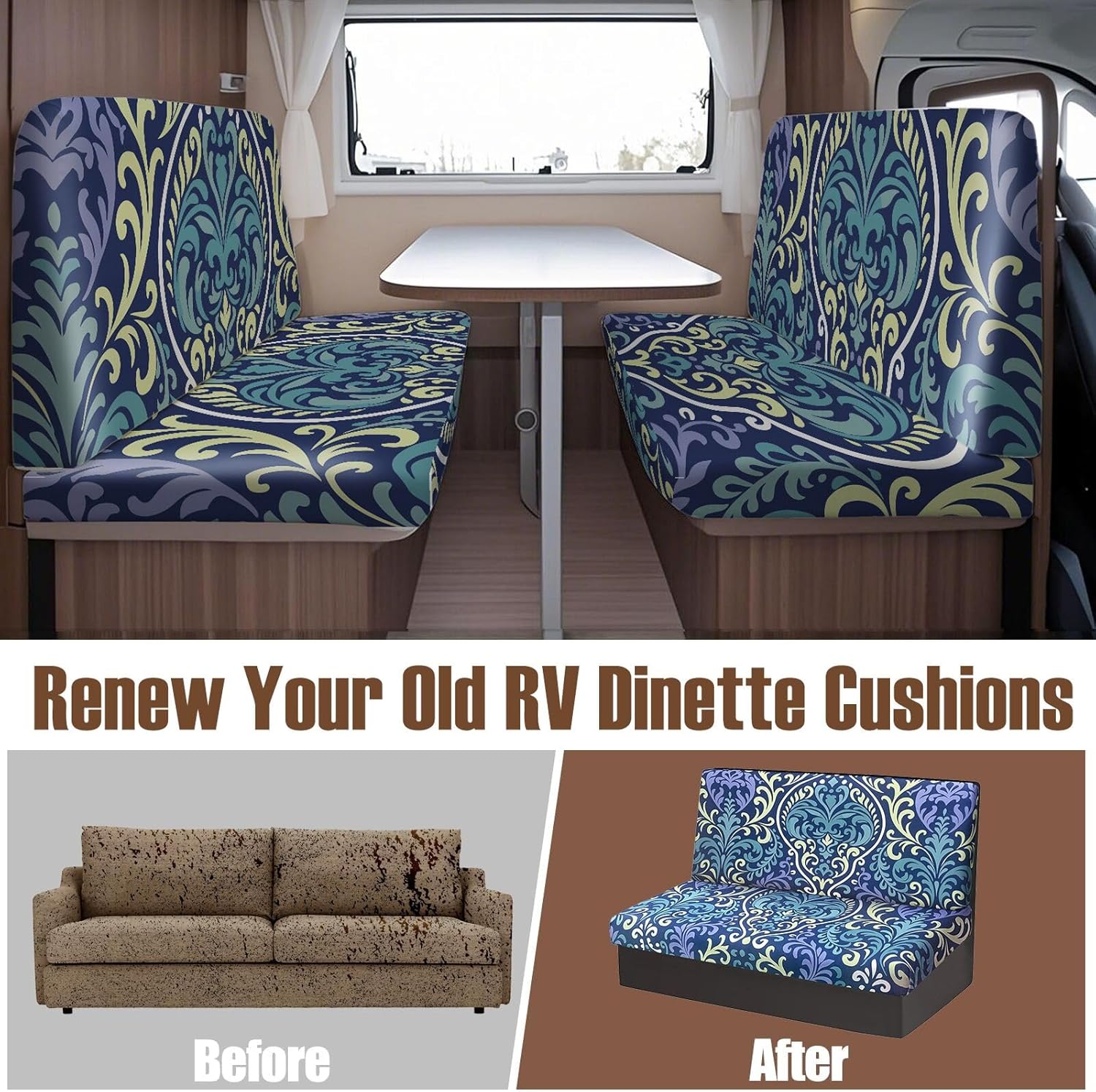BBSET 6pcs Rv Dinette Cushion Covers Floral Stretch Washable Rv Cushion Paisley Slipcove Replacement for Camper Car Bench, 2 Pillowcase, 2 Backrest and 2 Bench Covers (Paisley-Purple)