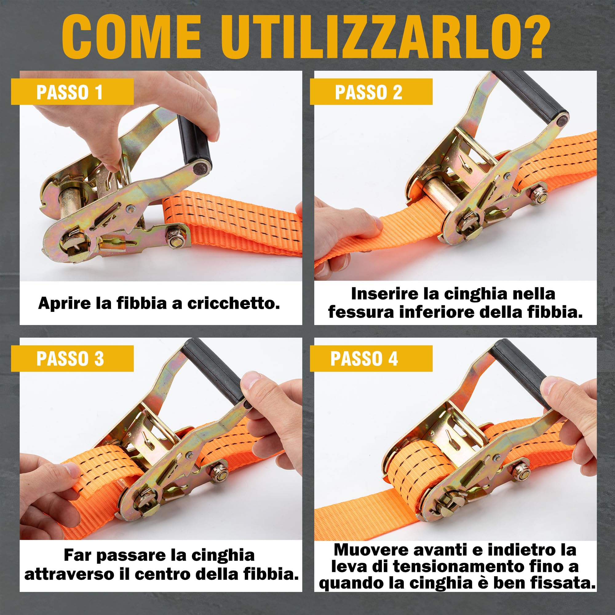 4 Pezzi Cinghie a Cricchetto,Resistenti per Carico 2000 kg,Set di Cinghie di Fissaggio da 4m x 38mm,Cinghie Fissaggio con Cricchetto,per il Fissaggio di Camion e il Raggruppamento di Merci