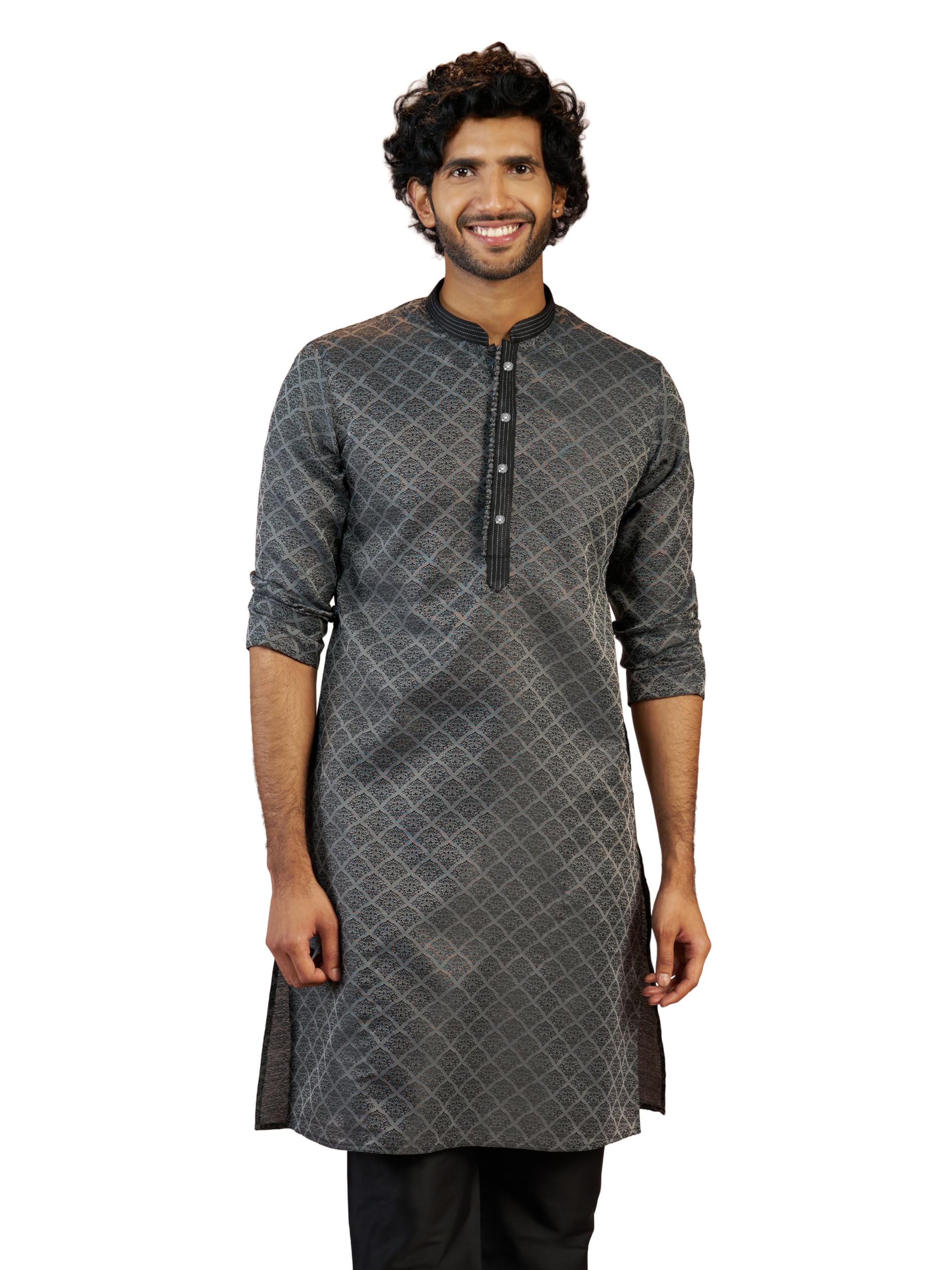 vastramay Men's Jacquard Ethnic Motif Silk Blend Straight Kurta with Thread & Sequin Embroidery | Eid, Wedding & Festive Outfit-picture-15