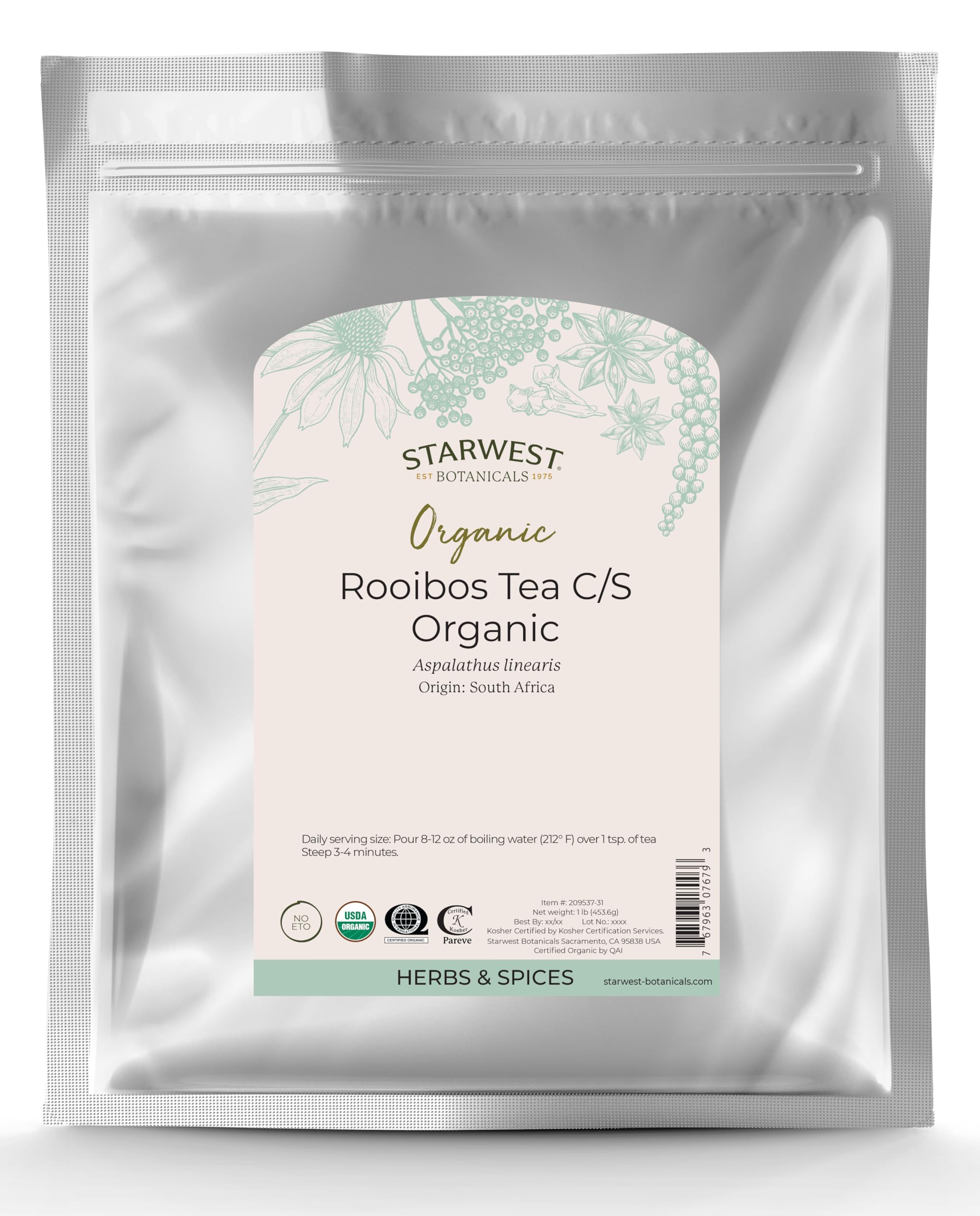 Starwest Botanicals Rooibos Tea Organic - Red Rooibos Herbal Tea Loose Leaf, Caffeine Free, Source of Antioxidants, Cut & Sifted, Certified Kosher, Non GMO - Bulk 1 lb Bag