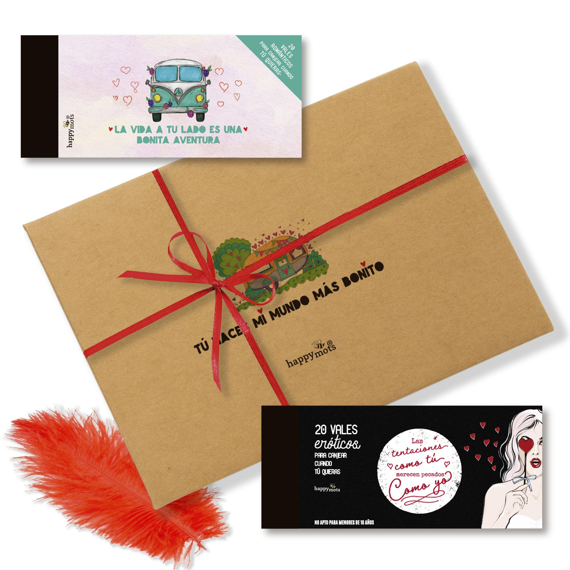 HappyMots - El Regalo más Atrevido, Romántico y Divertido para estas Fiestas: El Pack 2 Talonarios Vales Regalo Pareja + Pluma Roja | Regalos Originales para Mujer | Regalos Originales para Hombre