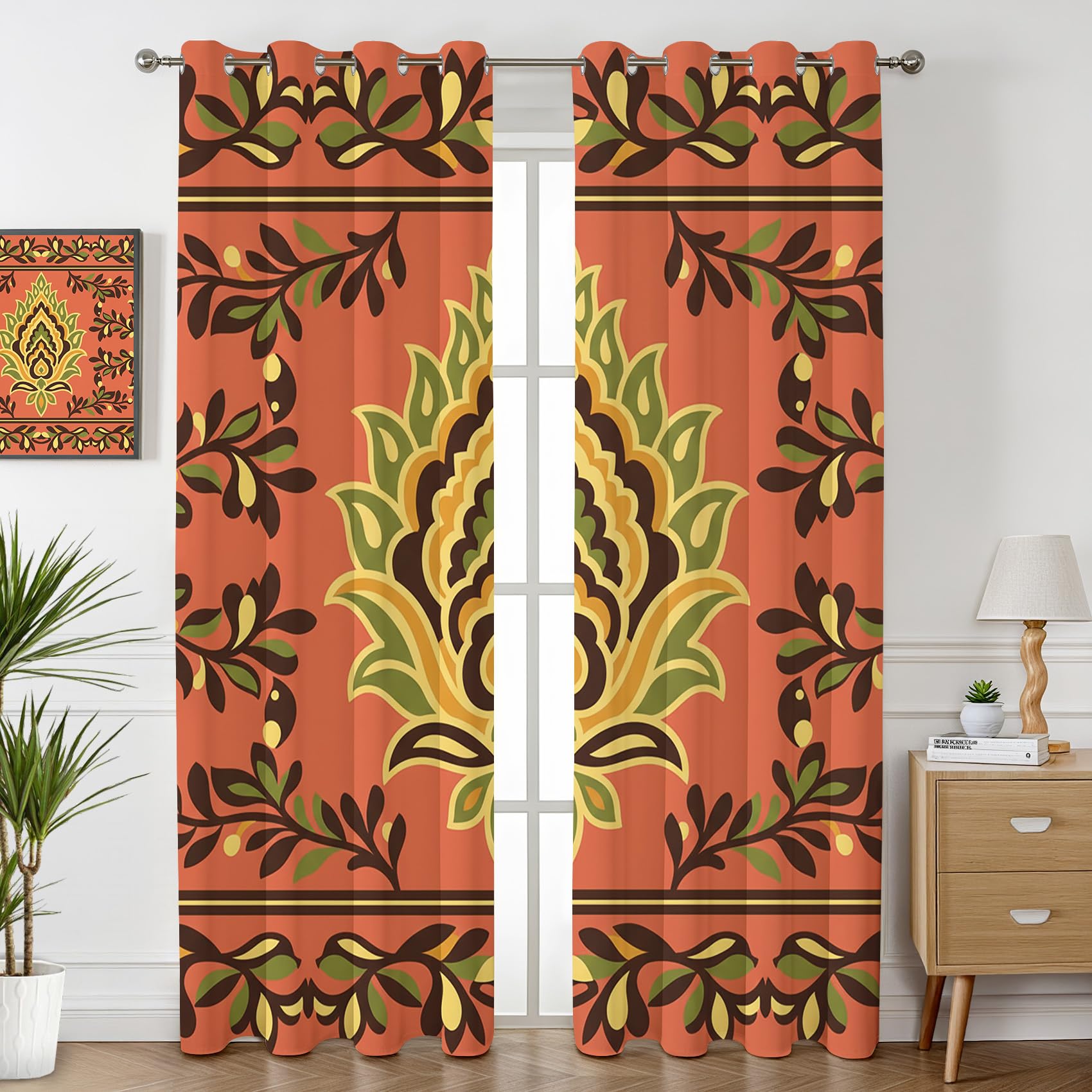 Boho Ethno Vorhänge Blickdicht Gardinen mit ösen Orientalisches Muster Vorhang 137 cm Lang Verdunklungsvorhänge für Schlafzimmer Wohnzimmer Fenster Thermovorhang Kälteschutz 2er Set