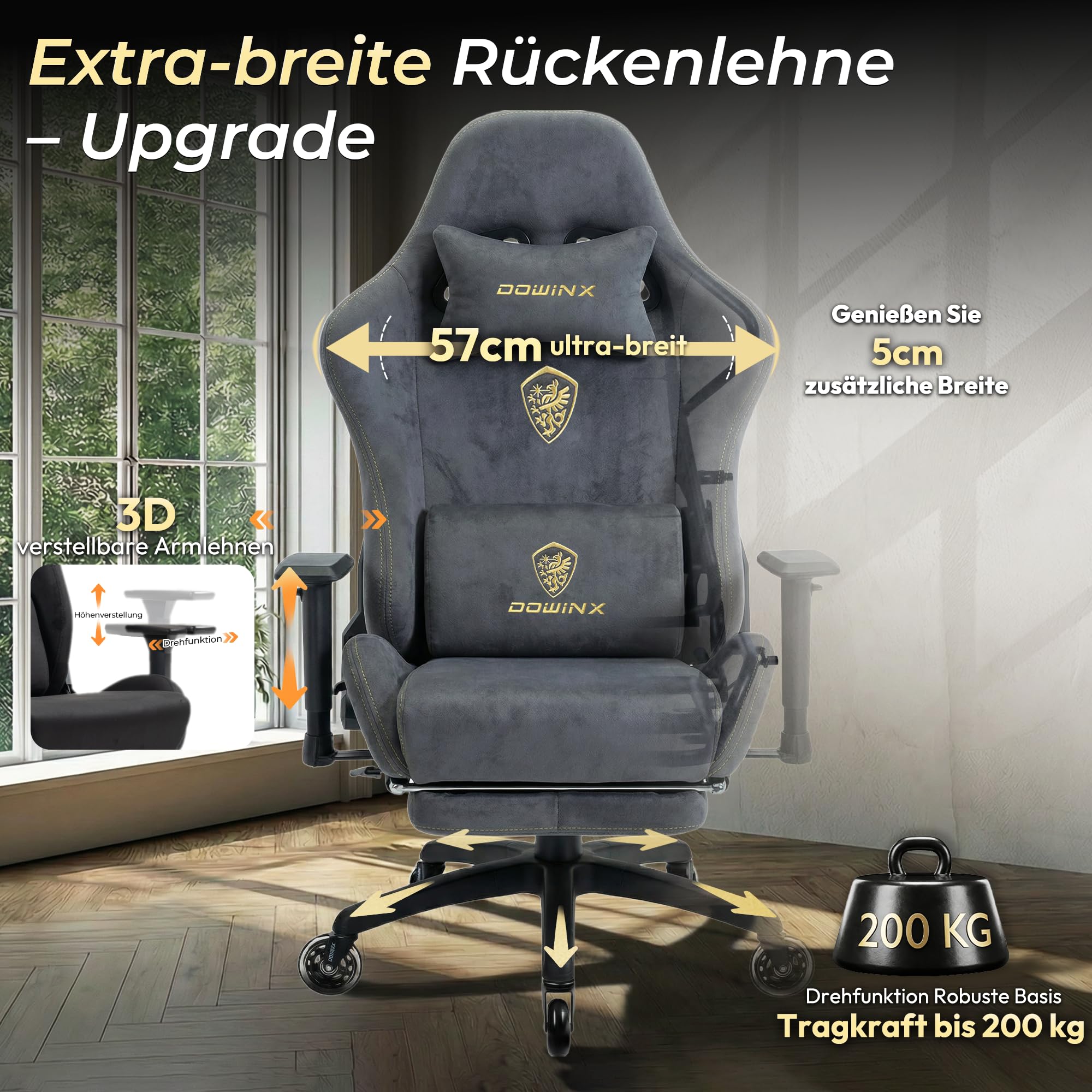 Dowinx Gaming Stuhl,Ergonomischer Wildlederimitat Gamer Chair,Gaming Sessel,Verstellbar Fußstütze und 3D Armlehnen,200KG Tragkraft Bürostuhl mit Geräuschlose Rollen,Schreibtischstuhl,Grau