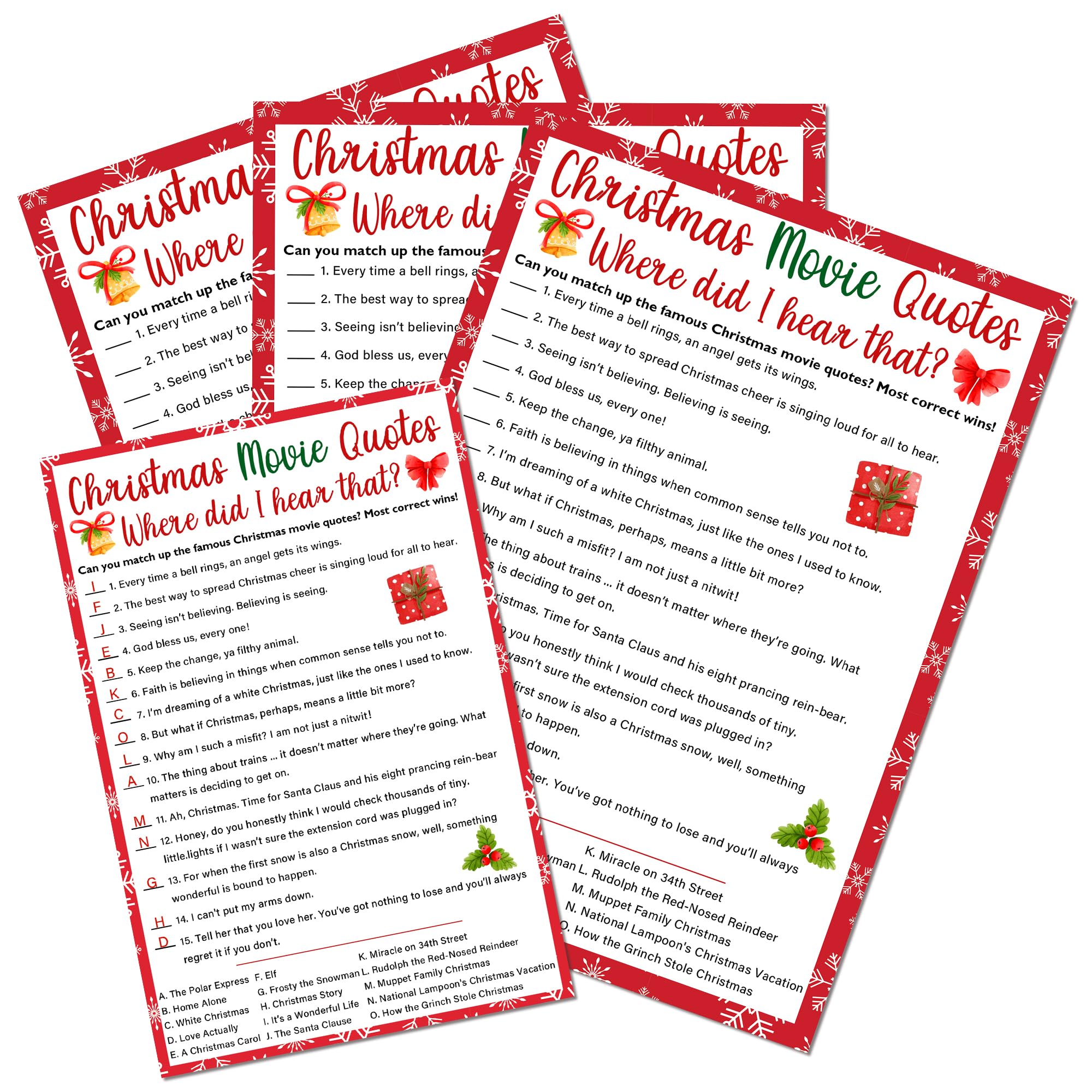 Christmas Movie Quotes Game Card - 20 Holiday Game Cards With 1 Answer Card Set - Film Theme Xmas Party Funny Activity for Family, Adults & Teens - Christmas Party Supplies & Decor(Snowflake) - A03