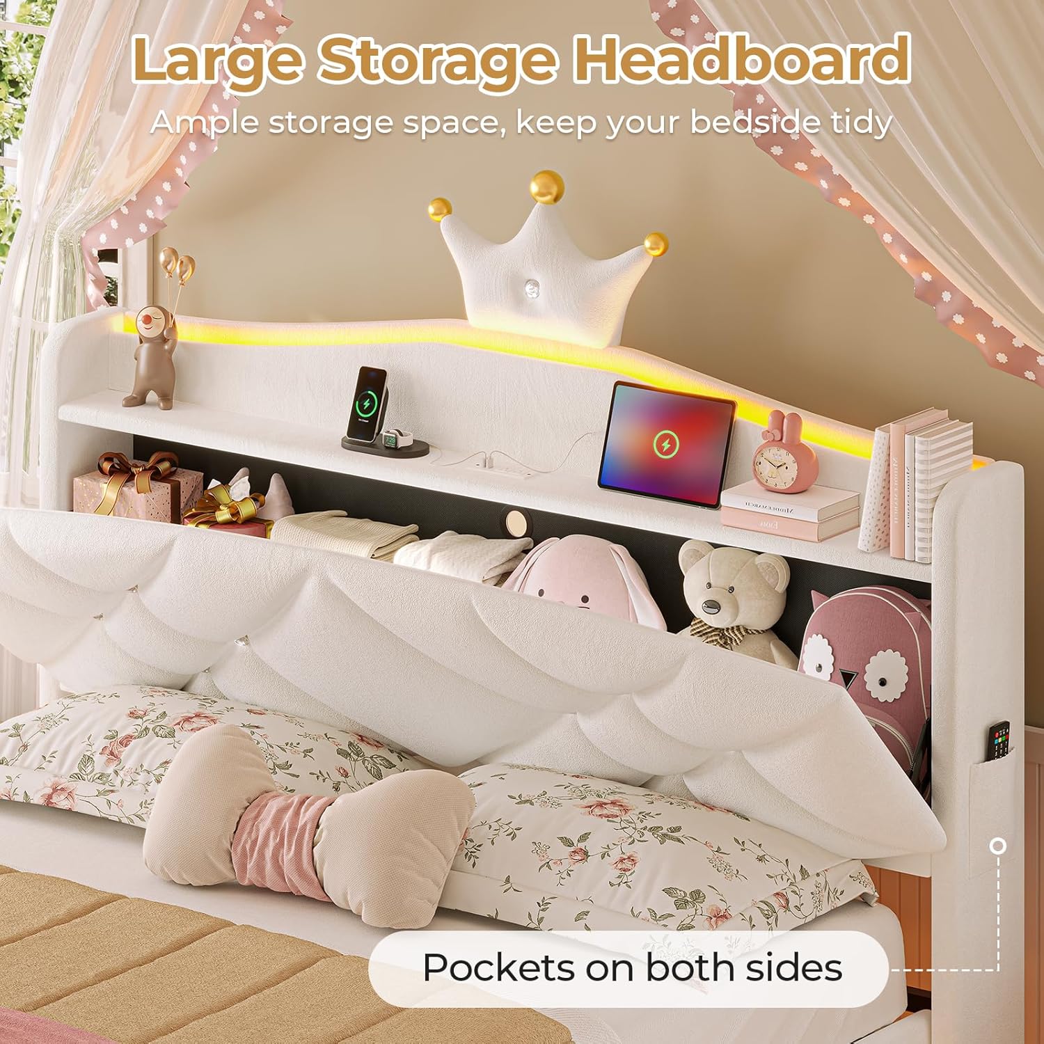 Image showing the LED bed frame with various light colors, remote control, and mobile app interface for light control.