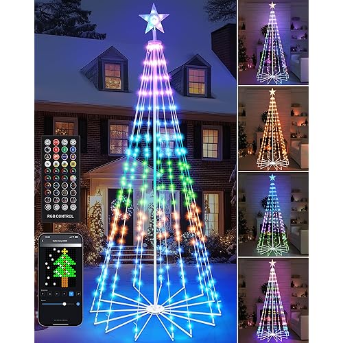 Brightever 7FT 295 LED Smart Cone Christmas Tree, Outdoor Prelit Christmas Tree with 16 Million DIY RGB LED Light Show, Remote APP Control Color Changing Music Sync for Xmas Outdoor Decorations