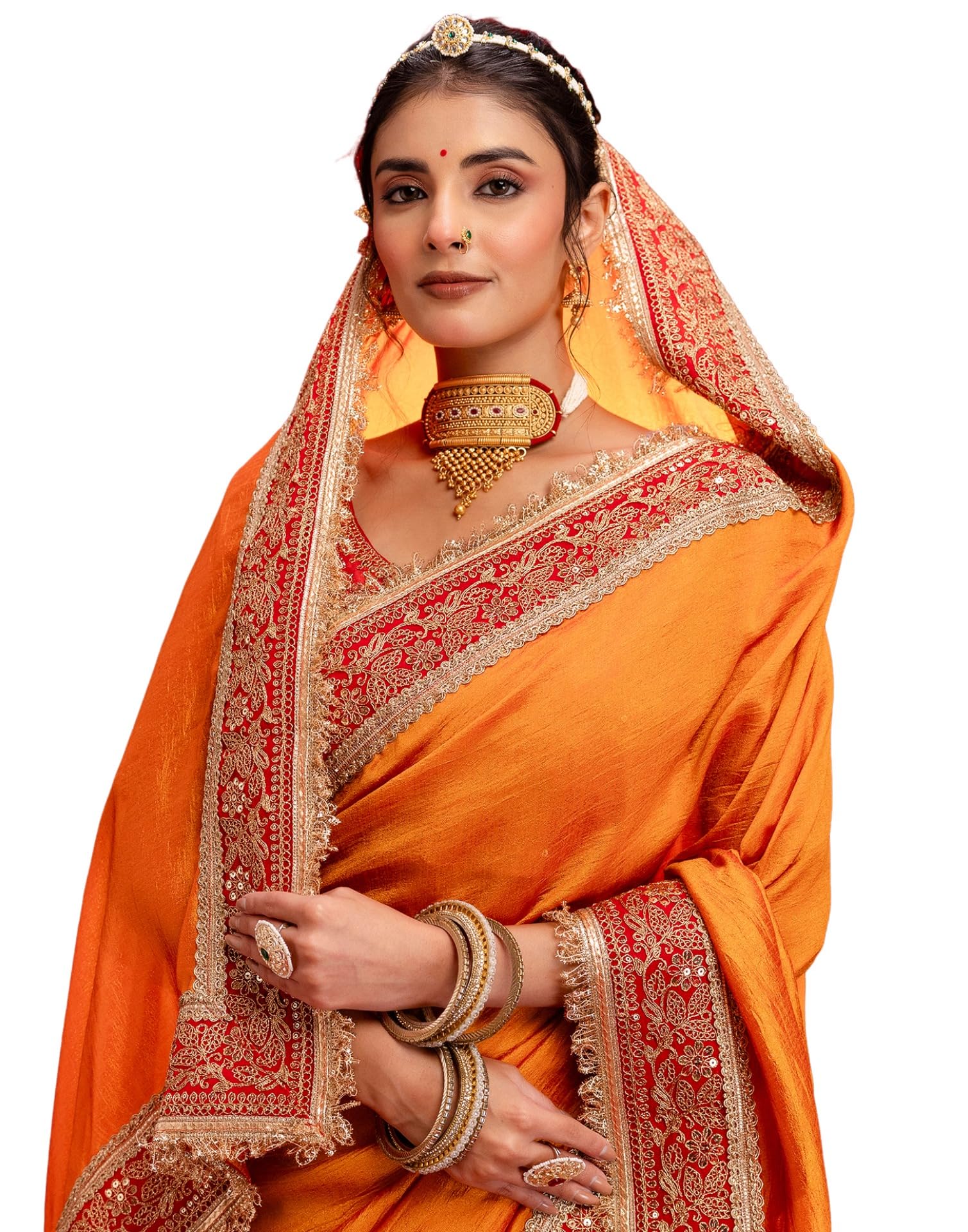 siril Women's Vichitra Silk Sequins Embroidery Lace Saree With Unstitched Blouse Piece-picture-7
