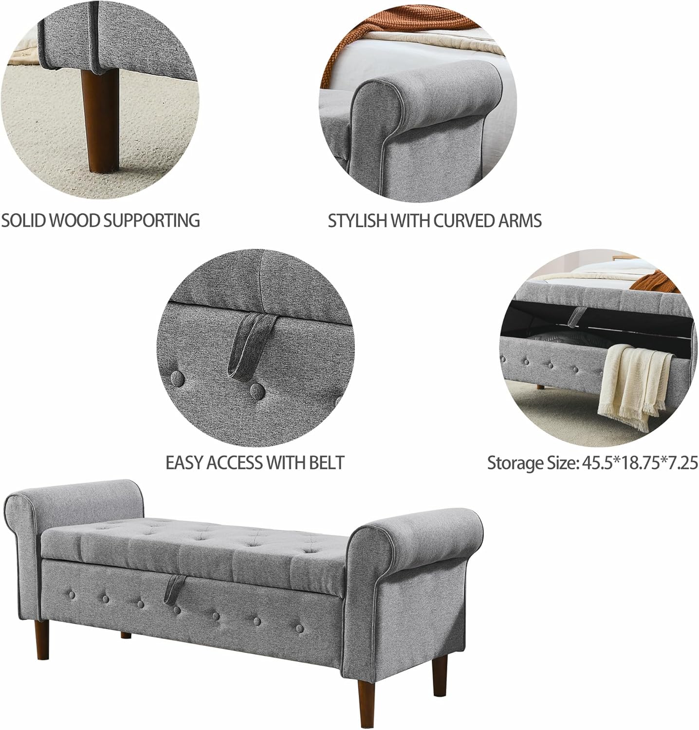 GERRIT 62"" Bedroom Tufted Button Storage Bench, Long Linen Upholstered Storage Ottoman Bench with Rolled Armrest, End of Bed Bench, Window Bench for Bedroom, Living Room, Entryway (Grey), 1